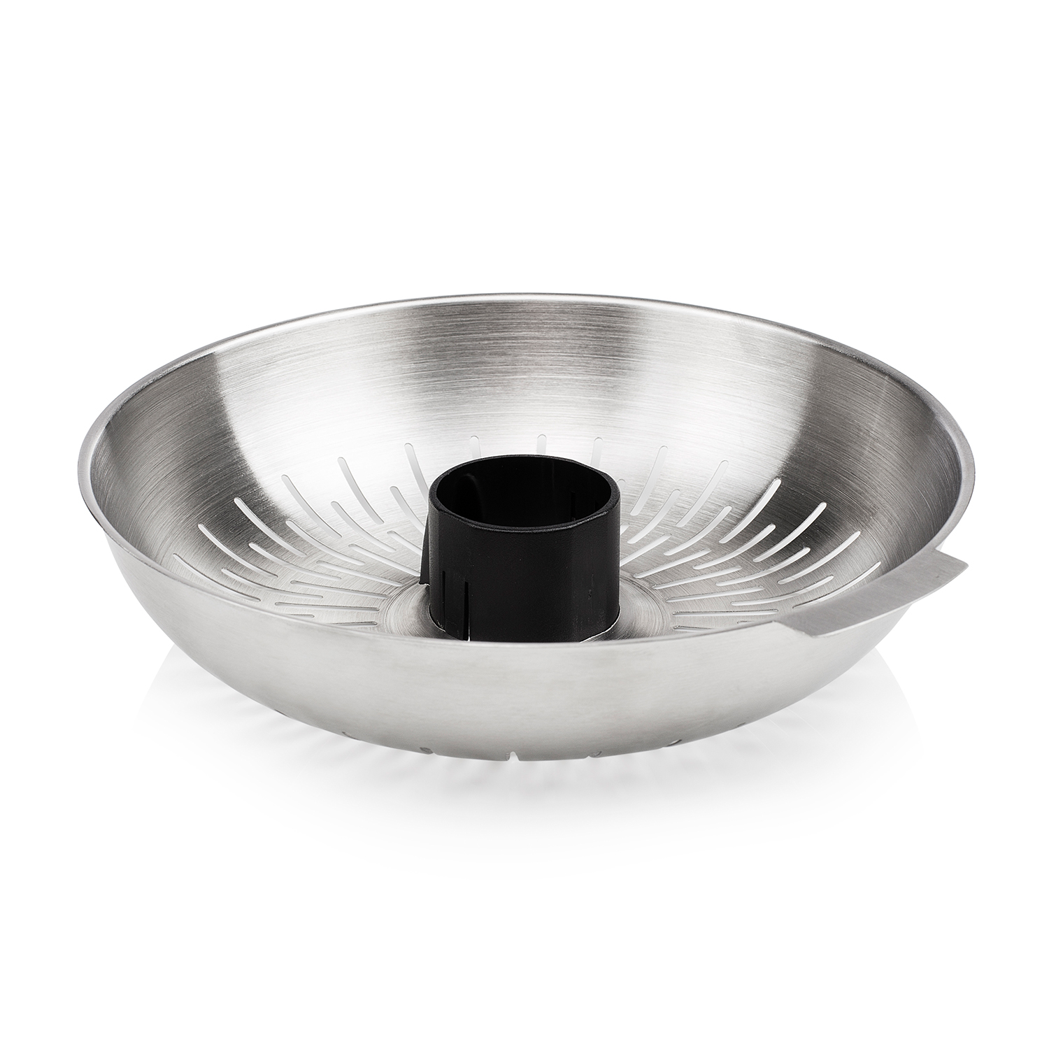 Inserto per vaporiera in acciaio inox con tubo centrale nero, forma rotonda.