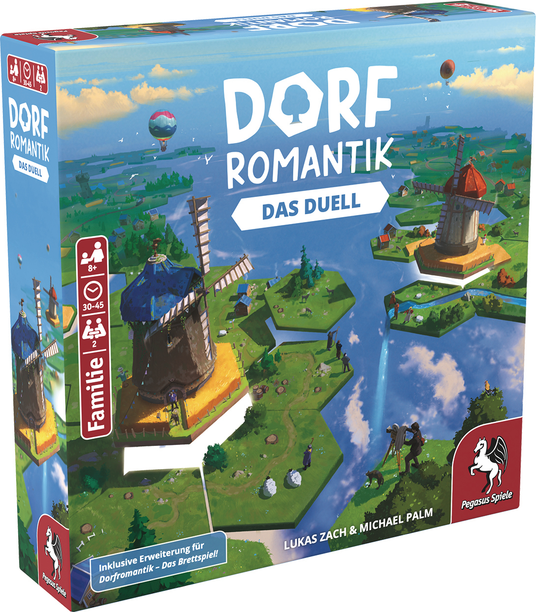 Brettspielbox: 'Dorf Romantik' mit Windmühlen, Landschaftskunst und Spieldetails.