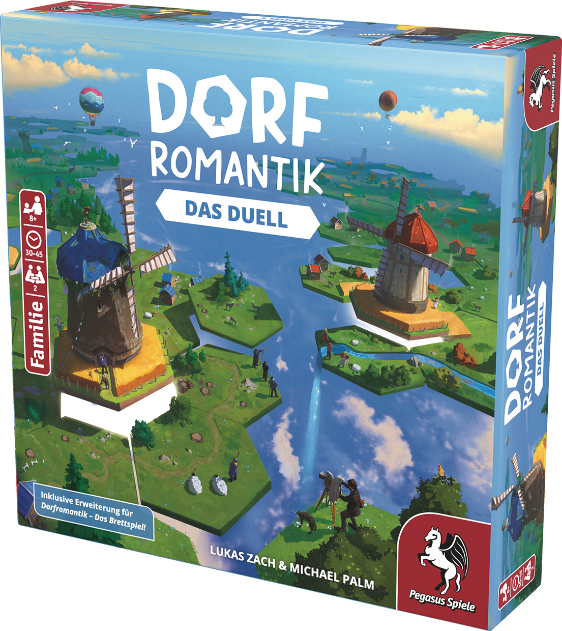 Box für 'Dorf Romantik Das Duell' Brettspiel, zeigt Spielkomponenten und eine Flussszene.