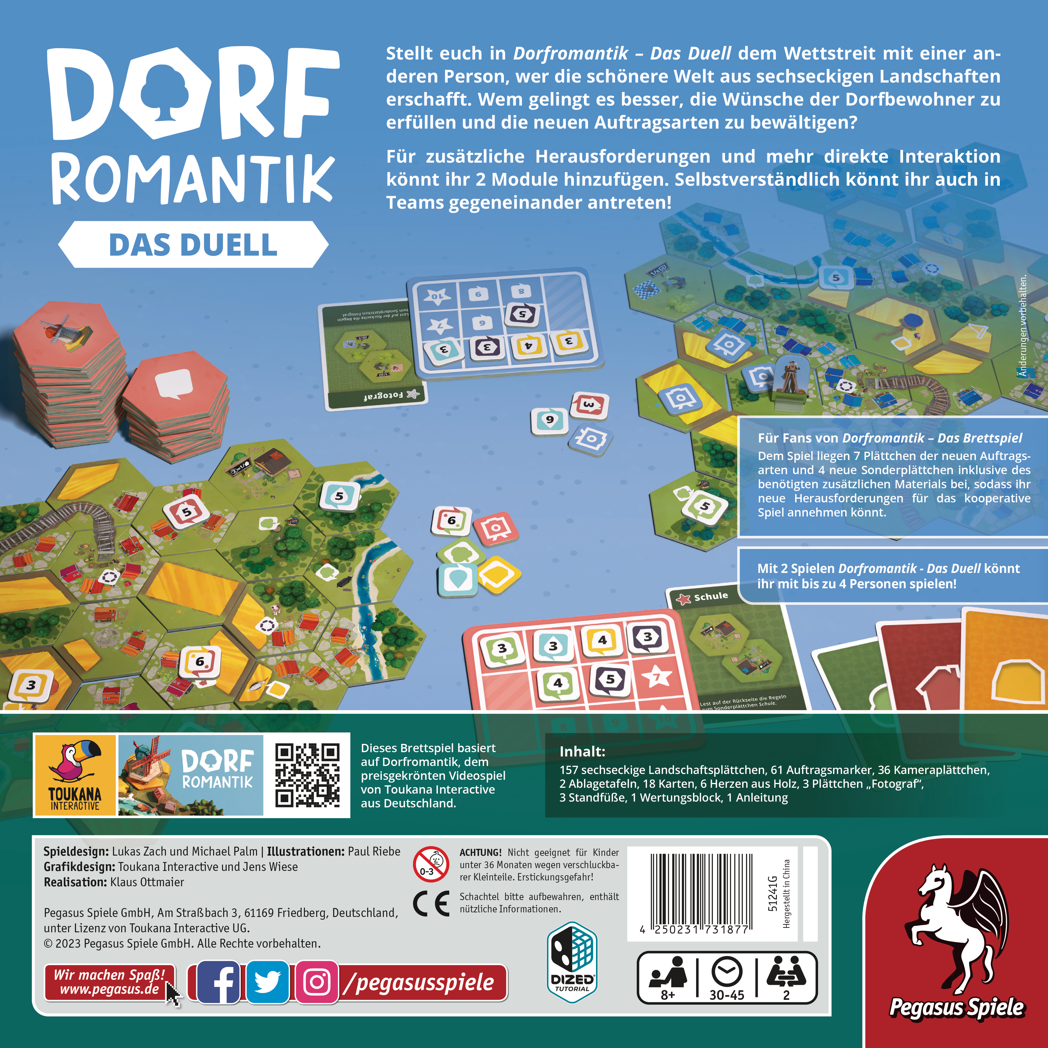 Brettspielbox mit Spielelementen, Text und Illustrationen.