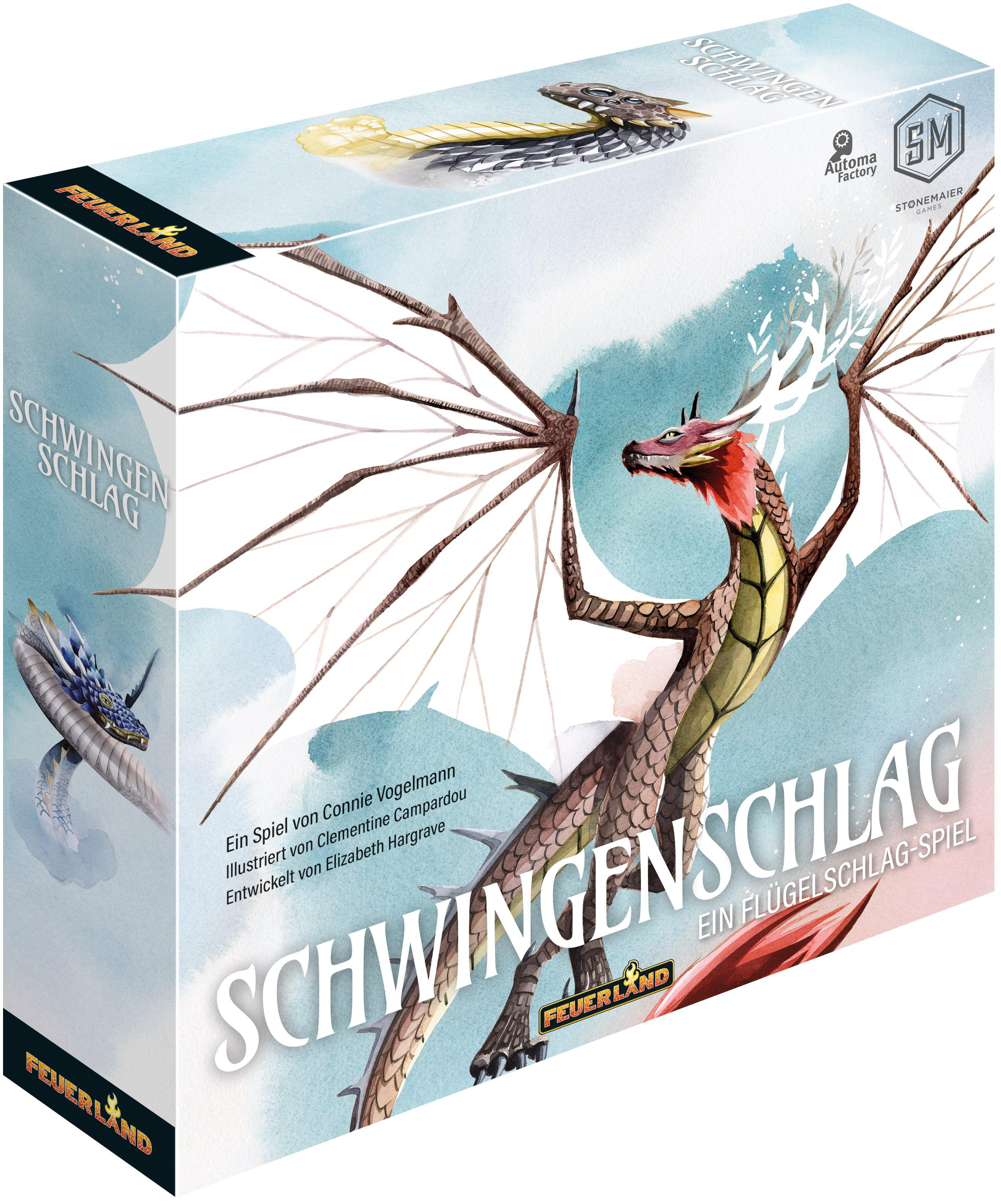 Eine Brettspielbox mit einer Drachenillustration auf der Vorderseite.