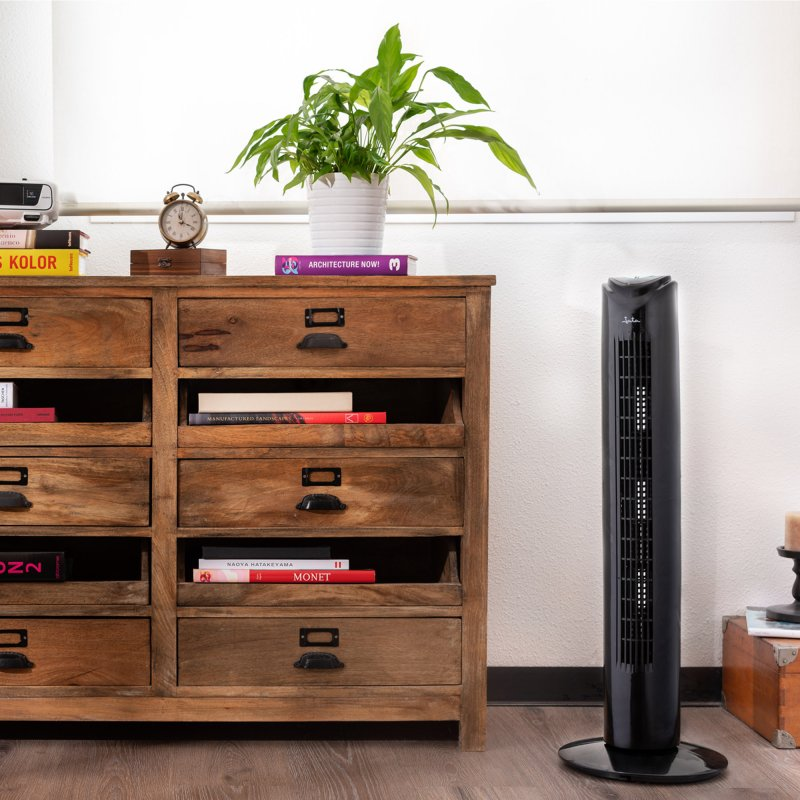 Gabinete de madera con libros, reloj y planta. Ventilador negro a la derecha.