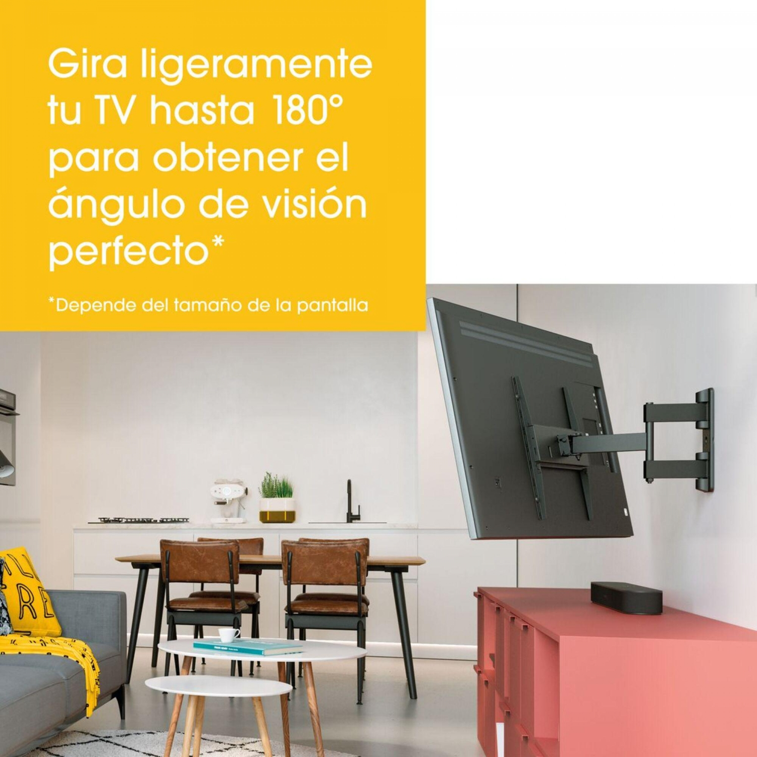 Pantalla de TV montada en la pared, con texto en español que promueve el ajuste del ángulo de visión.