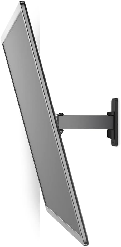 Televisor montado en una pared, ligeramente angulado, con marco plateado y parte trasera negra.