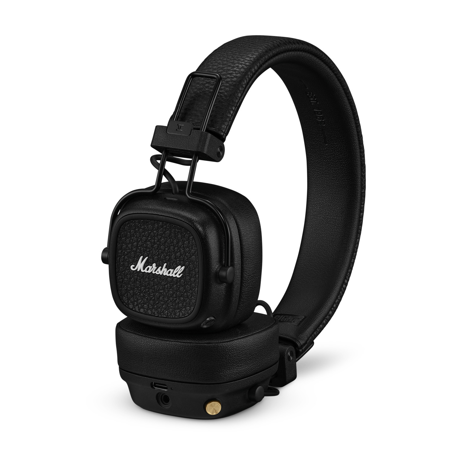 Casque Marshall noir. Ils ont un bandeau et des oreillettes. L'écouteur droit est visible.