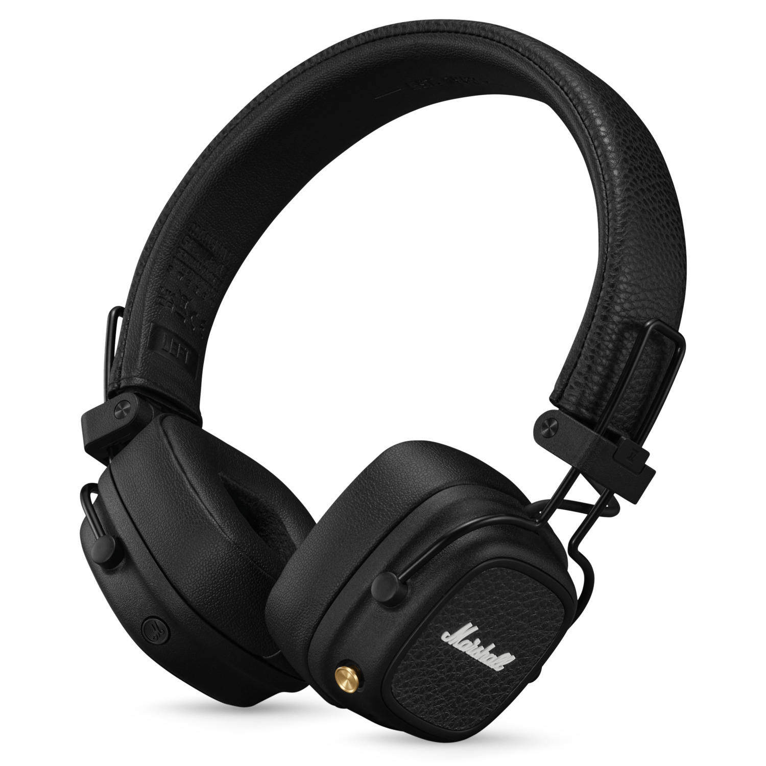 Casque Marshall noir sur une surface blanche.