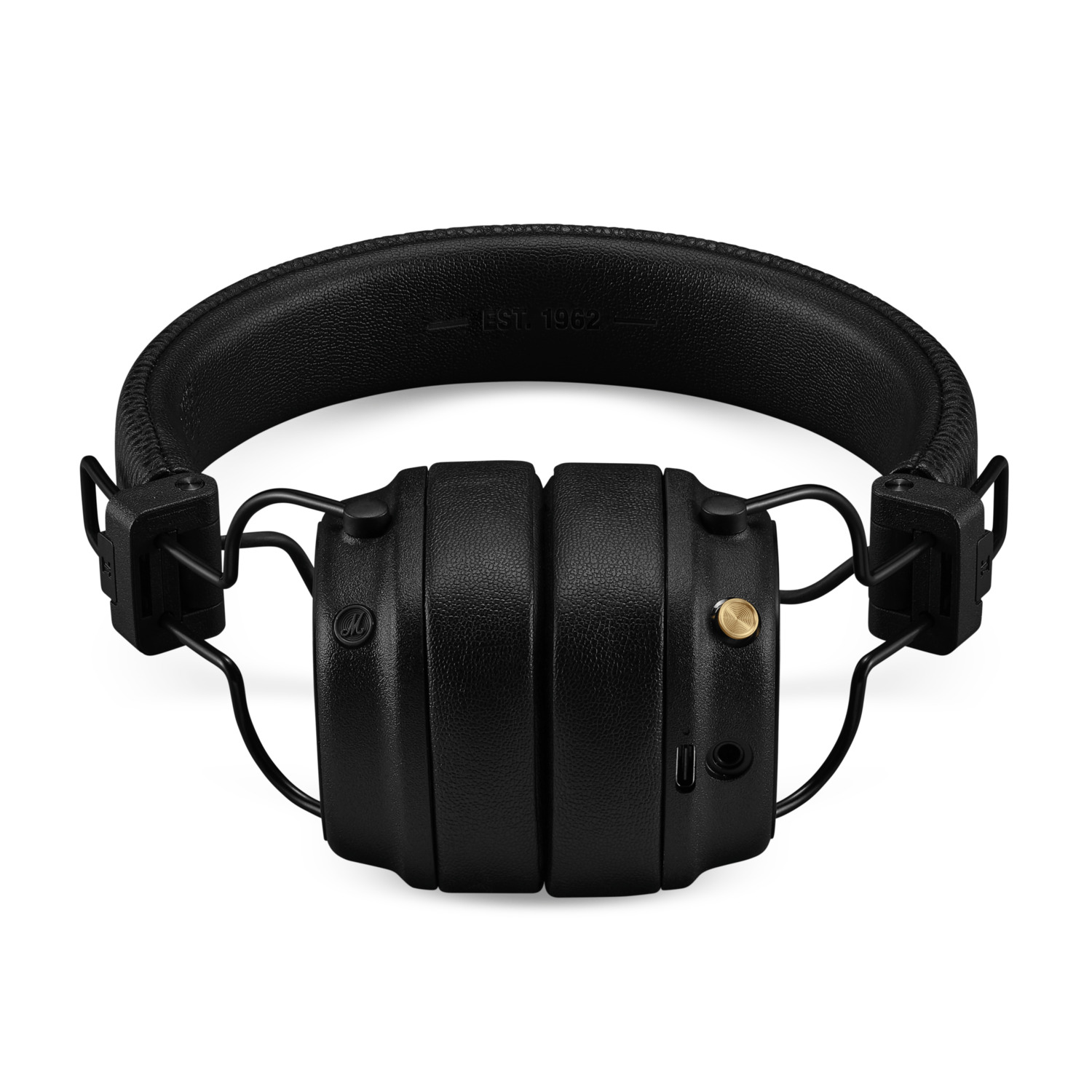 Casque noir avec bandeau et oreillettes en cuir. 'EST. 1962' est imprimé en haut.