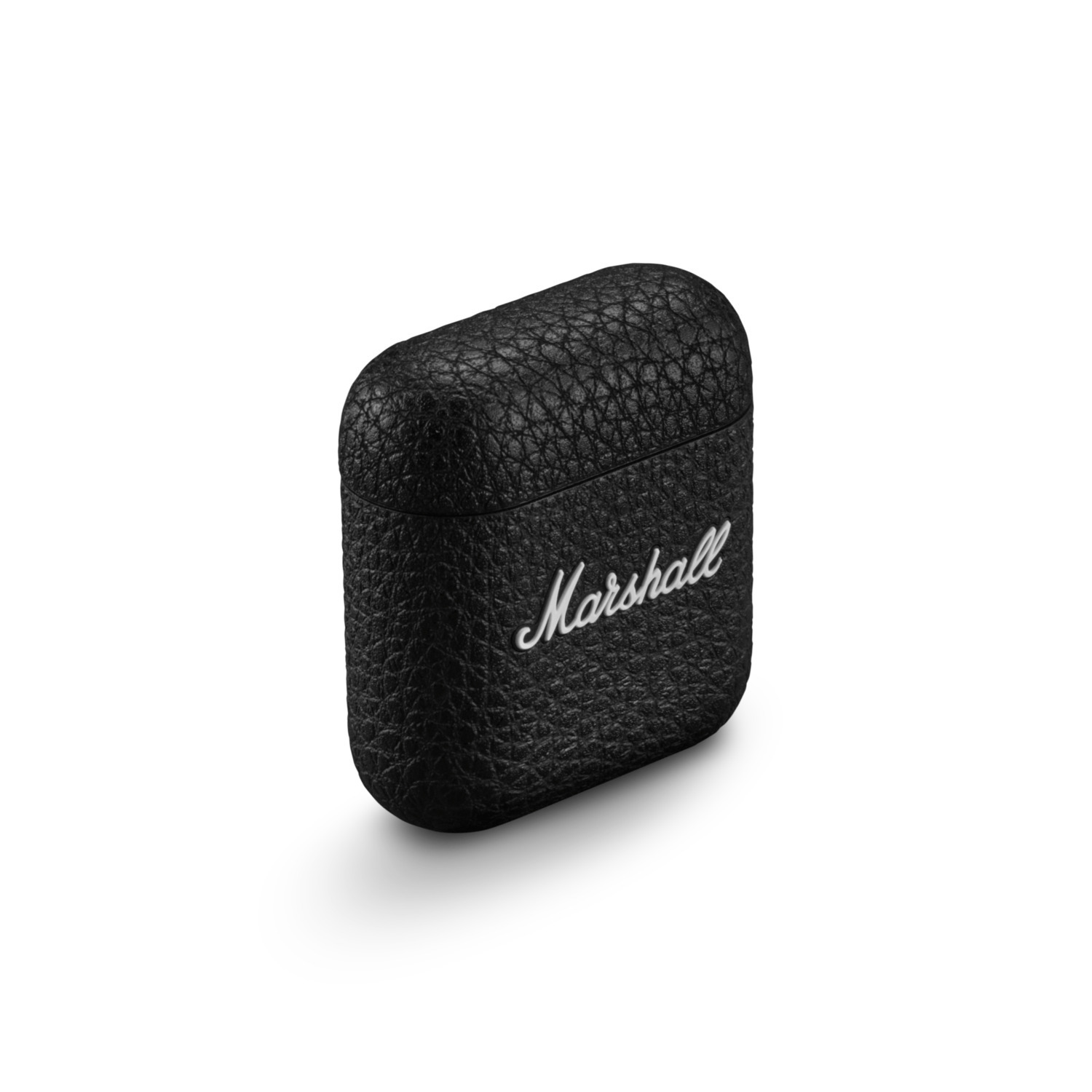 Étui AirPods noir, texturé cuir, avec texte 'Marshall' en blanc.