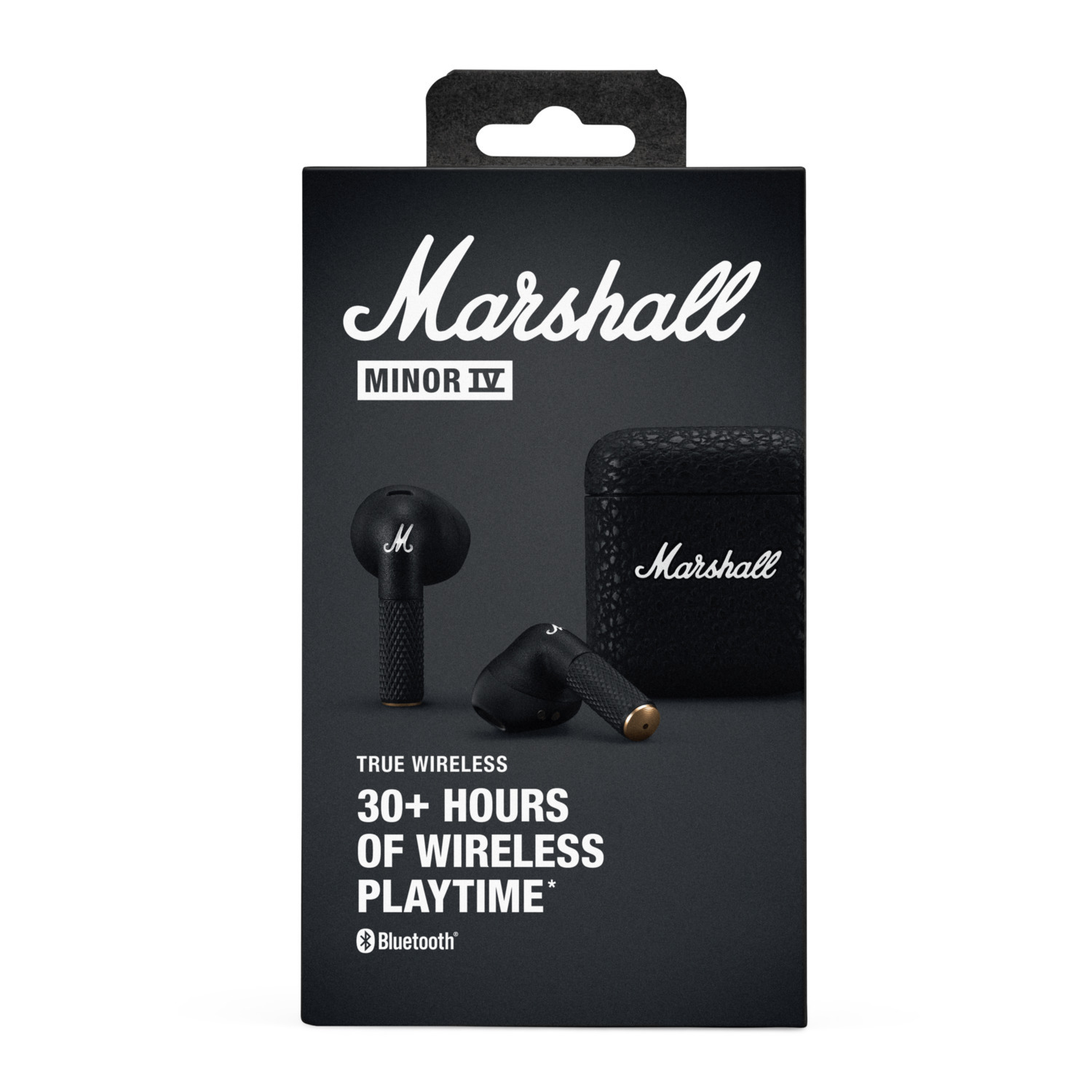 Écouteurs noirs Marshall Minor IV dans une boîte. La boîte a le logo Marshall et les détails du produit.
