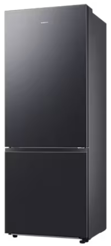 Wysoka, ciemnoszara lodówka z dwoma drzwiami.