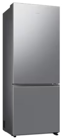 Srebrna lodówka z zamrażalnikiem dolnym. Drzwi zamknięte, nowoczesny design.