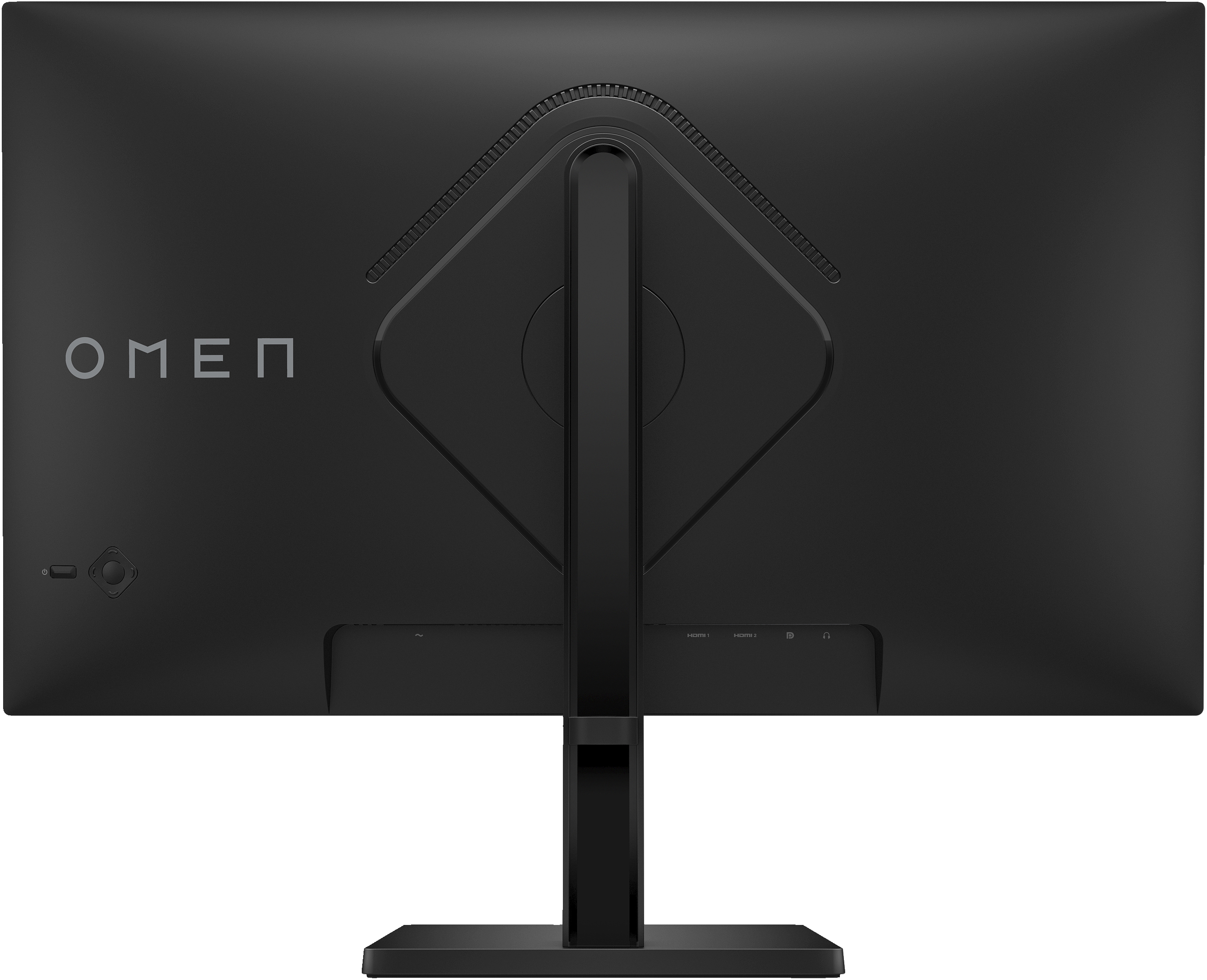 Rückseite eines schwarzen Computermonitors mit OMEN-Logo und Ständer.