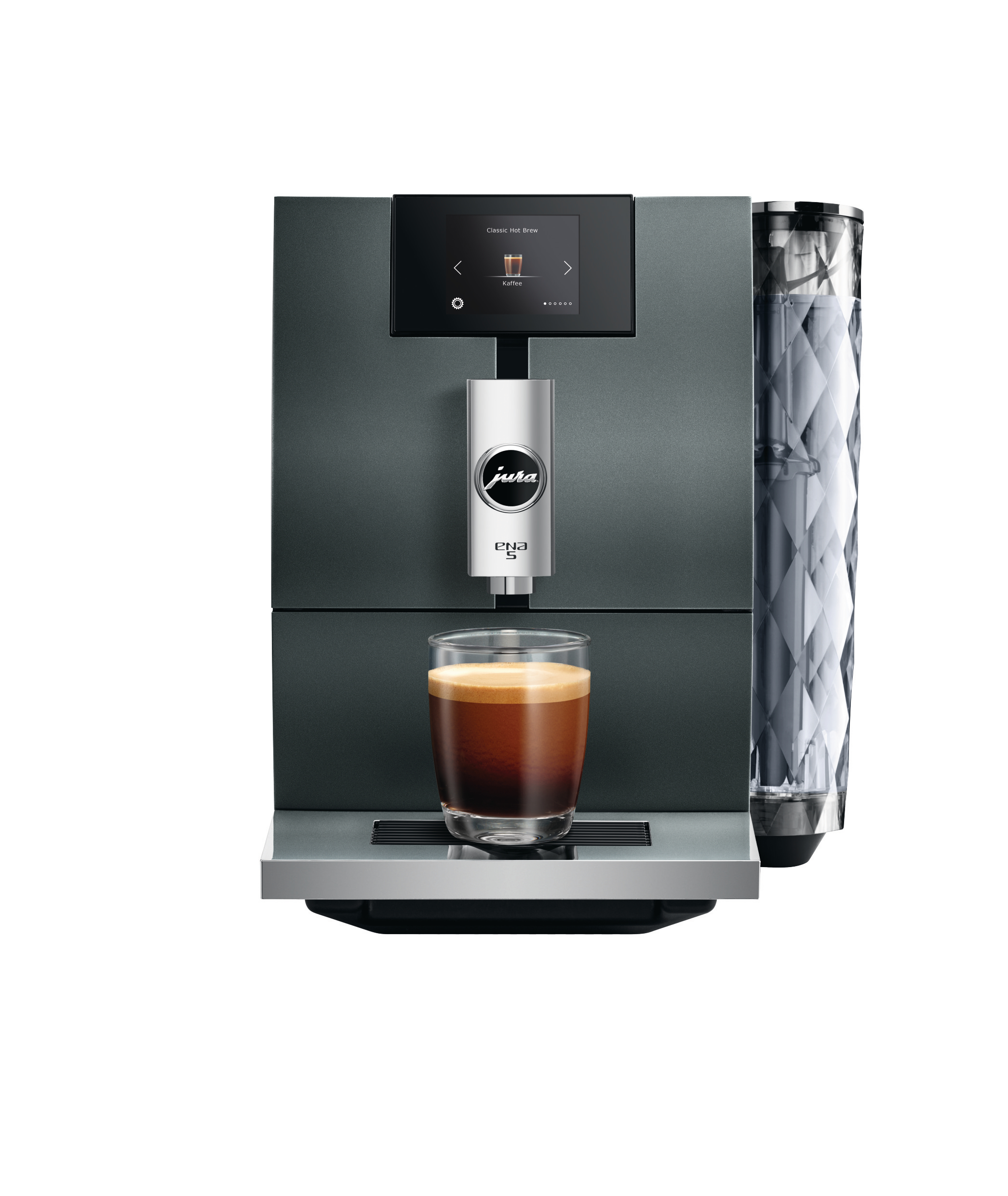 Dunkelgraue Jura ENA 8 Kaffeemaschine mit einem Glas Espresso auf einem Tablett.