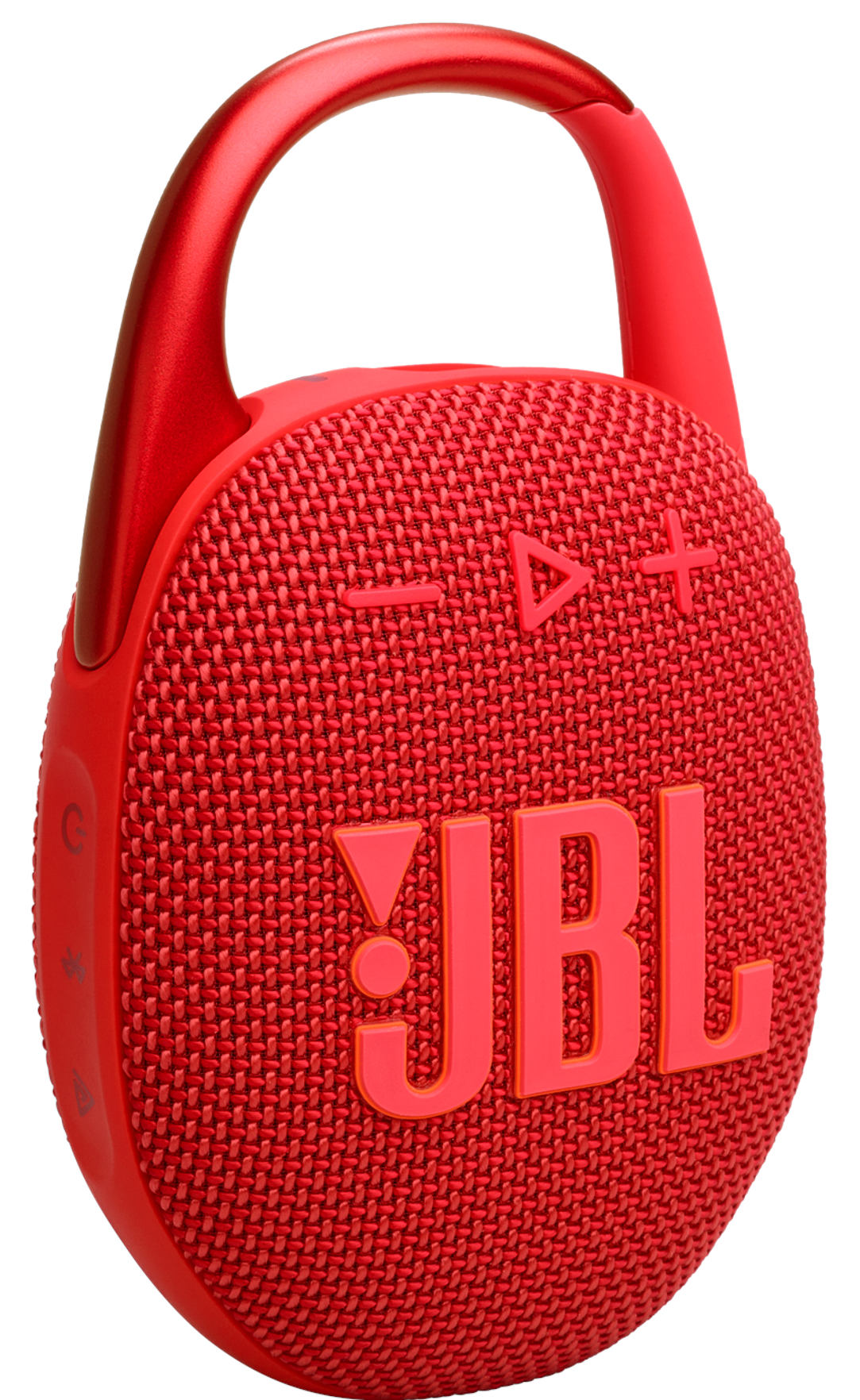 Czerwony głośnik JBL z uchwytem. Czerwona siatka i logo JBL.