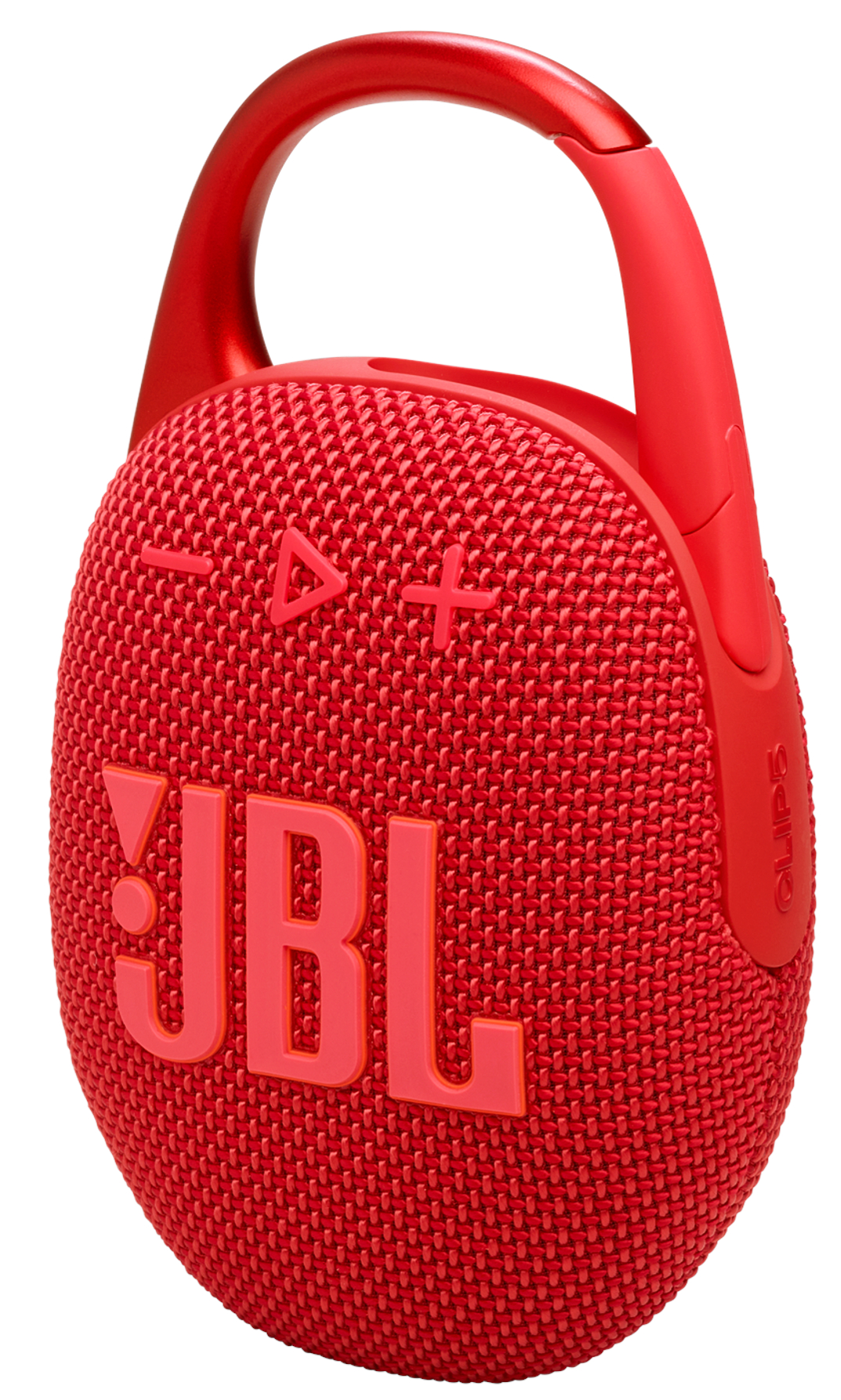 Czerwony głośnik JBL Clip 3, z uchwytem i logo JBL z przodu.