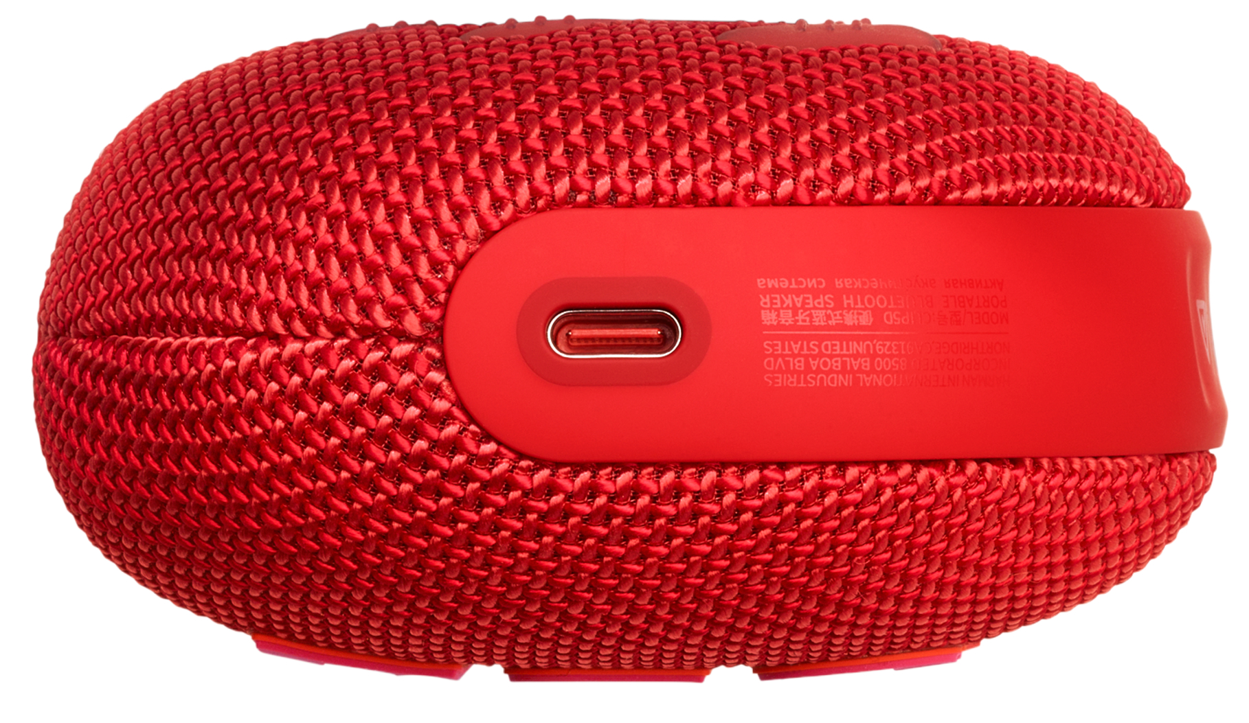 Czerwony głośnik z portem USB-C z boku. Głośnik ma tkaną teksturę.