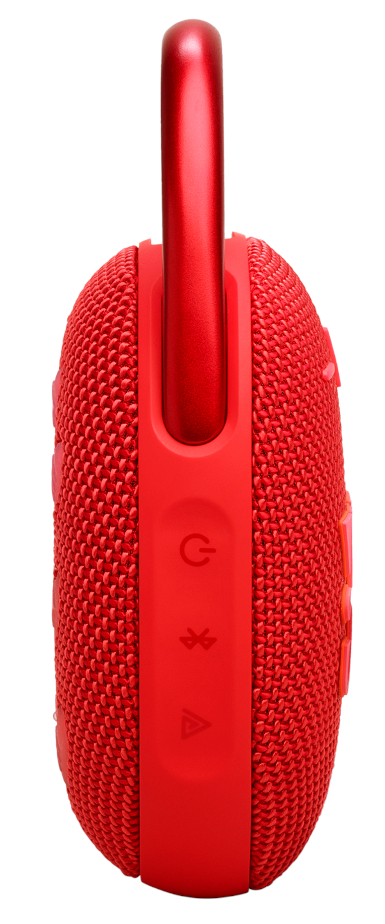 Czerwony głośnik, widok z boku, pokazujący elementy sterowania i uchwyt. Widoczna jest tekstura siatki.