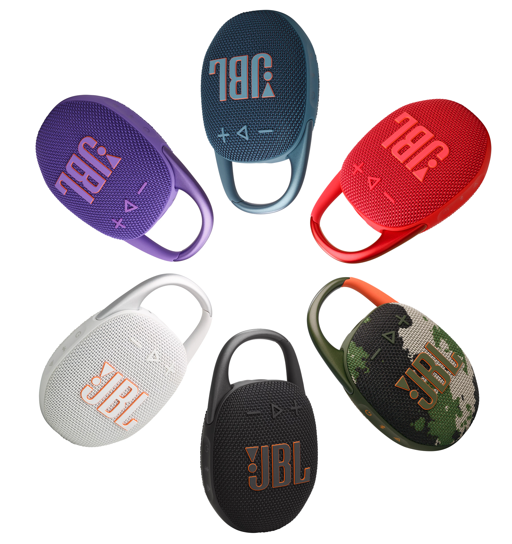 Sześć kolorowych głośników JBL Clip, każdy w innym kolorze i z karabińczykiem.