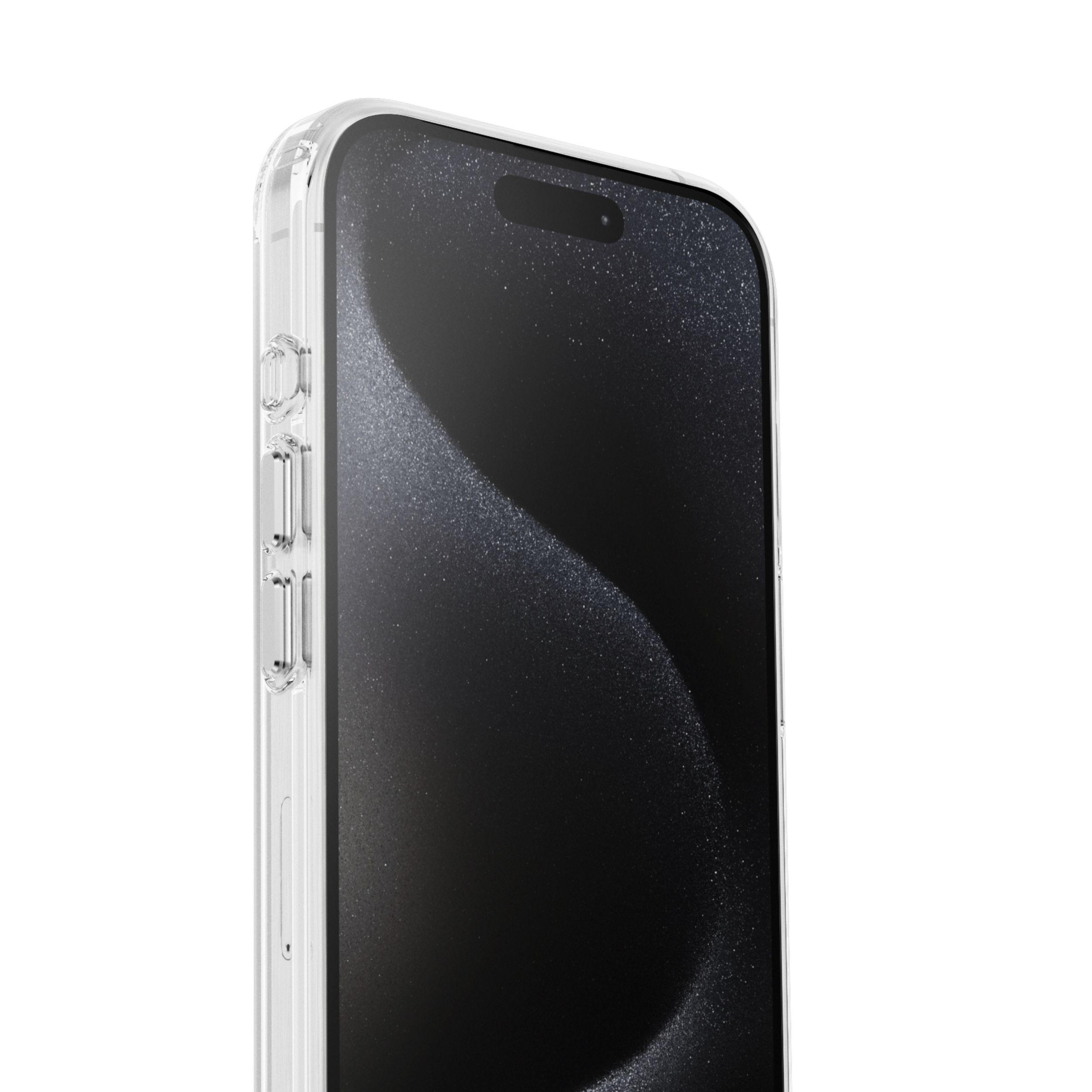 Nahaufnahme eines Smartphones in einer transparenten Hülle, Bildschirm aus, weißer Hintergrund.