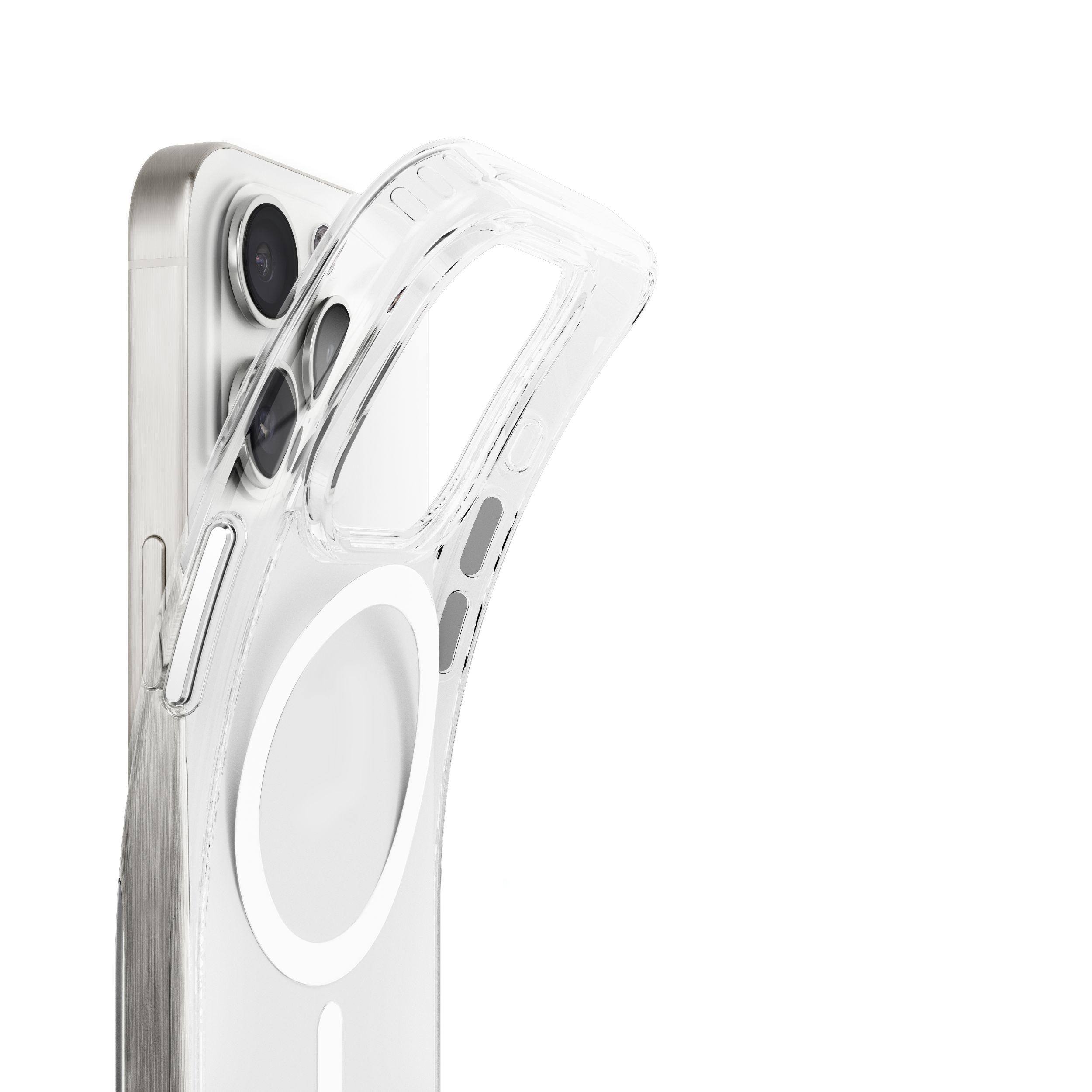 Transparente Handyhülle auf silbernem Telefon. Hülle mit weißem Ring und klarer Rückseite.