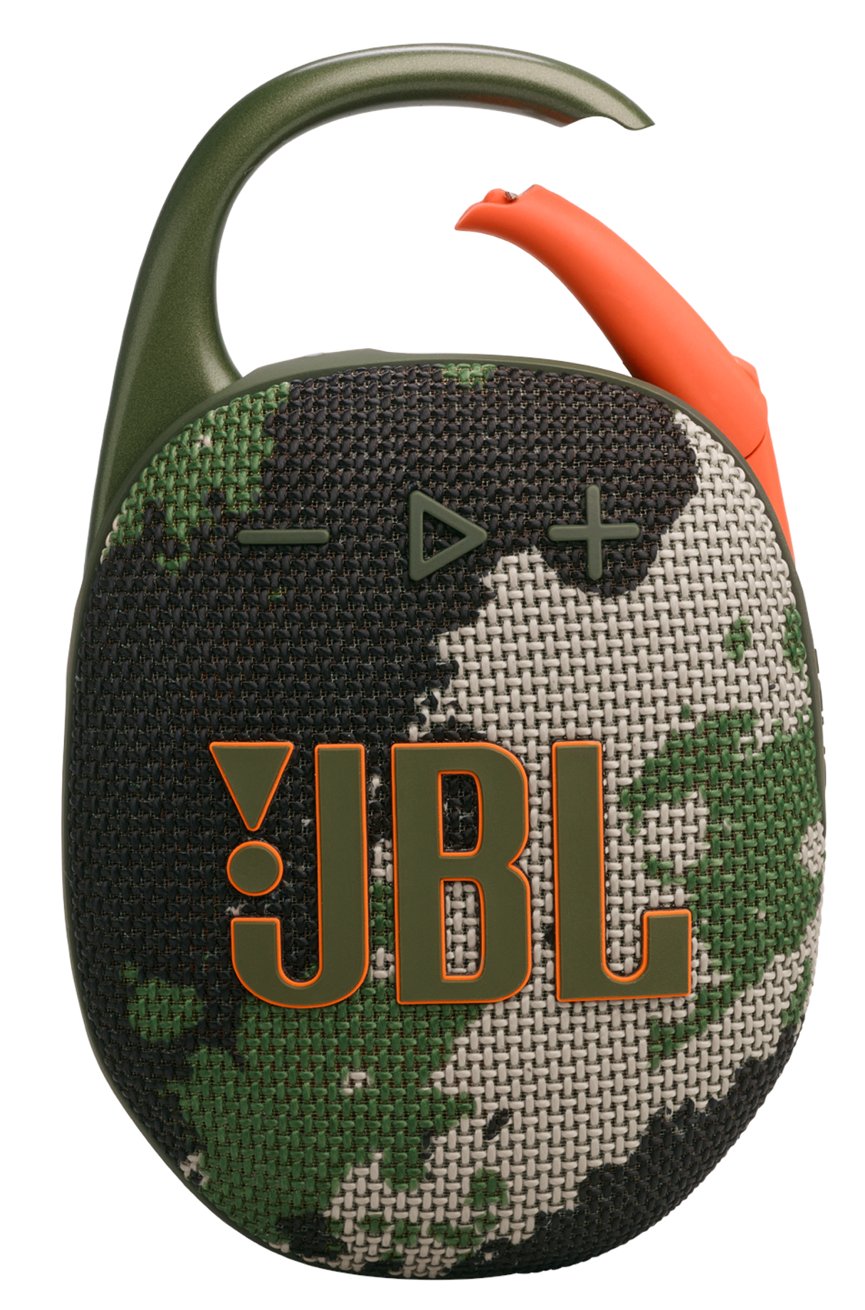 Głośnik JBL Clip 4, wzór kamuflażu, zielone i pomarańczowe akcenty, z klipsem.