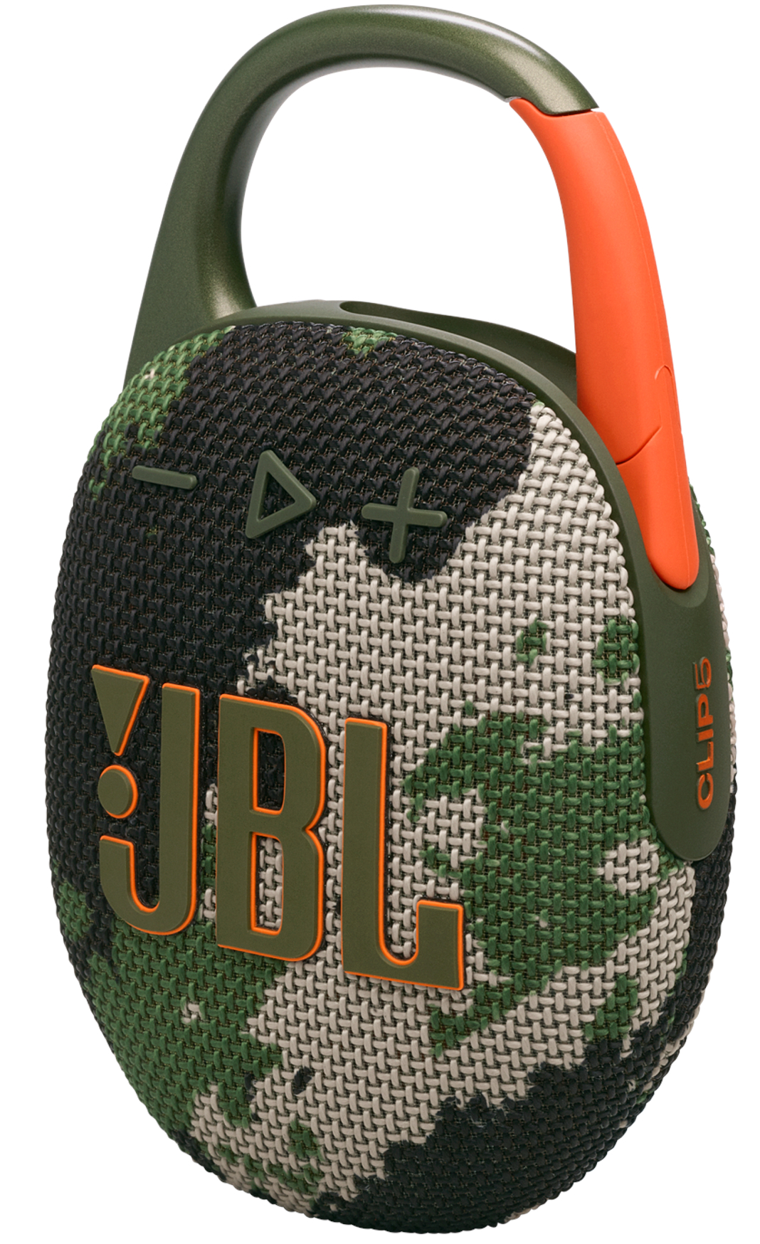 Głośnik JBL Clip 5 z zielonym wzorem kamuflażu i pomarańczowym uchwytem.