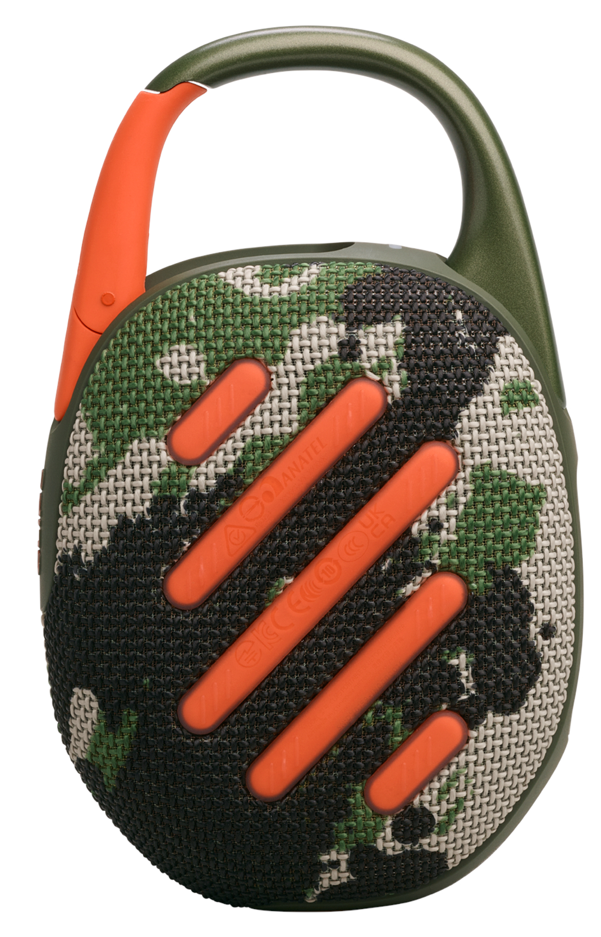 Głośnik w kamuflażu, z zielonym klipsem i pomarańczowymi akcentami, na białym tle.