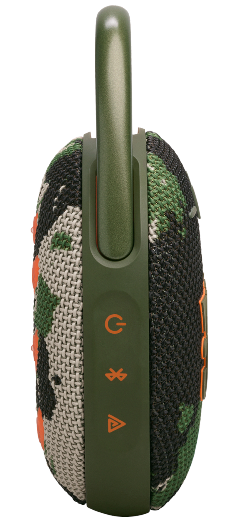 Widok z boku głośnika z kamuflażem, uchwytem i przyciskami. Głośnik jest na białym tle.