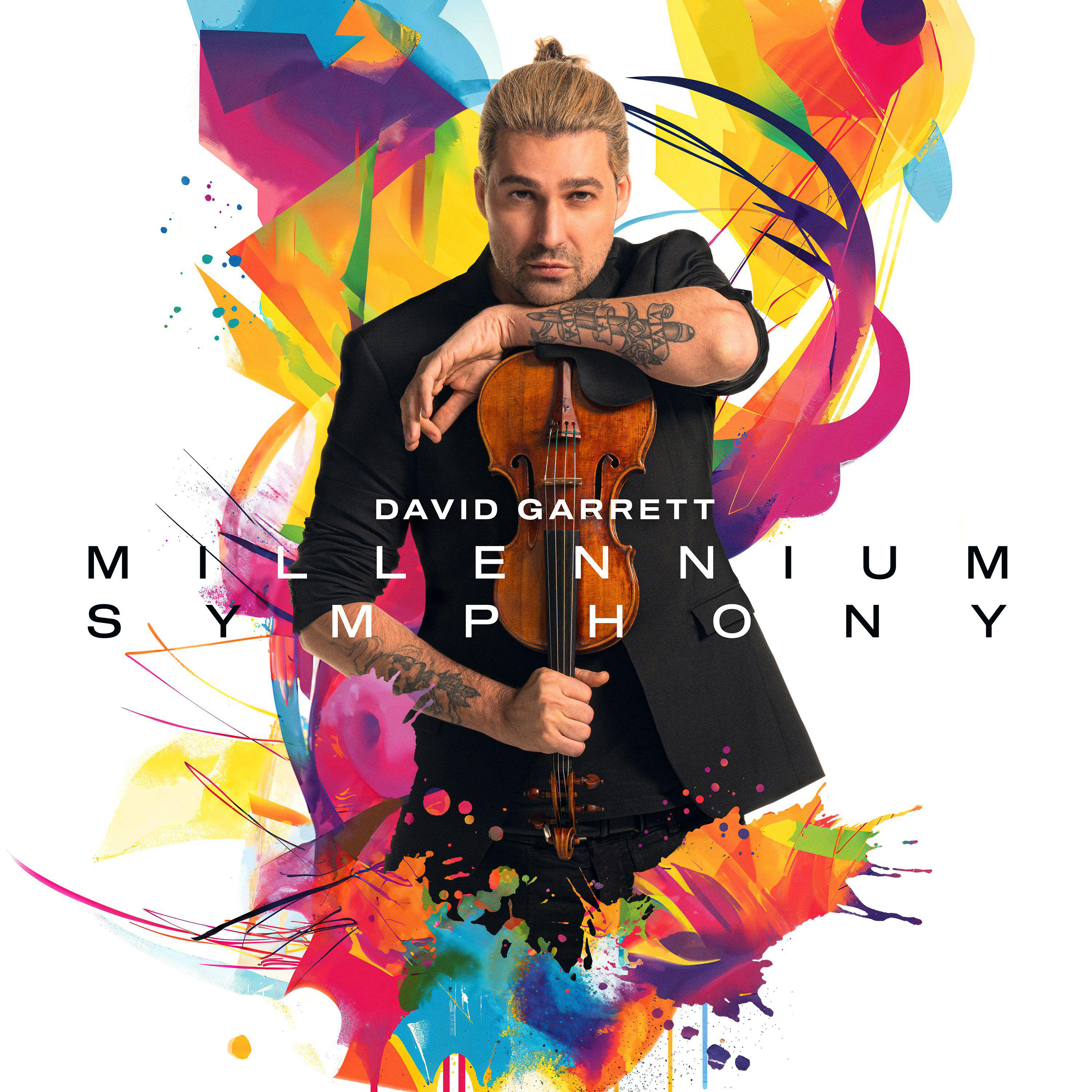 David Garrett hält eine Geige mit buntem Hintergrund. Der Albumtitel ist sichtbar.