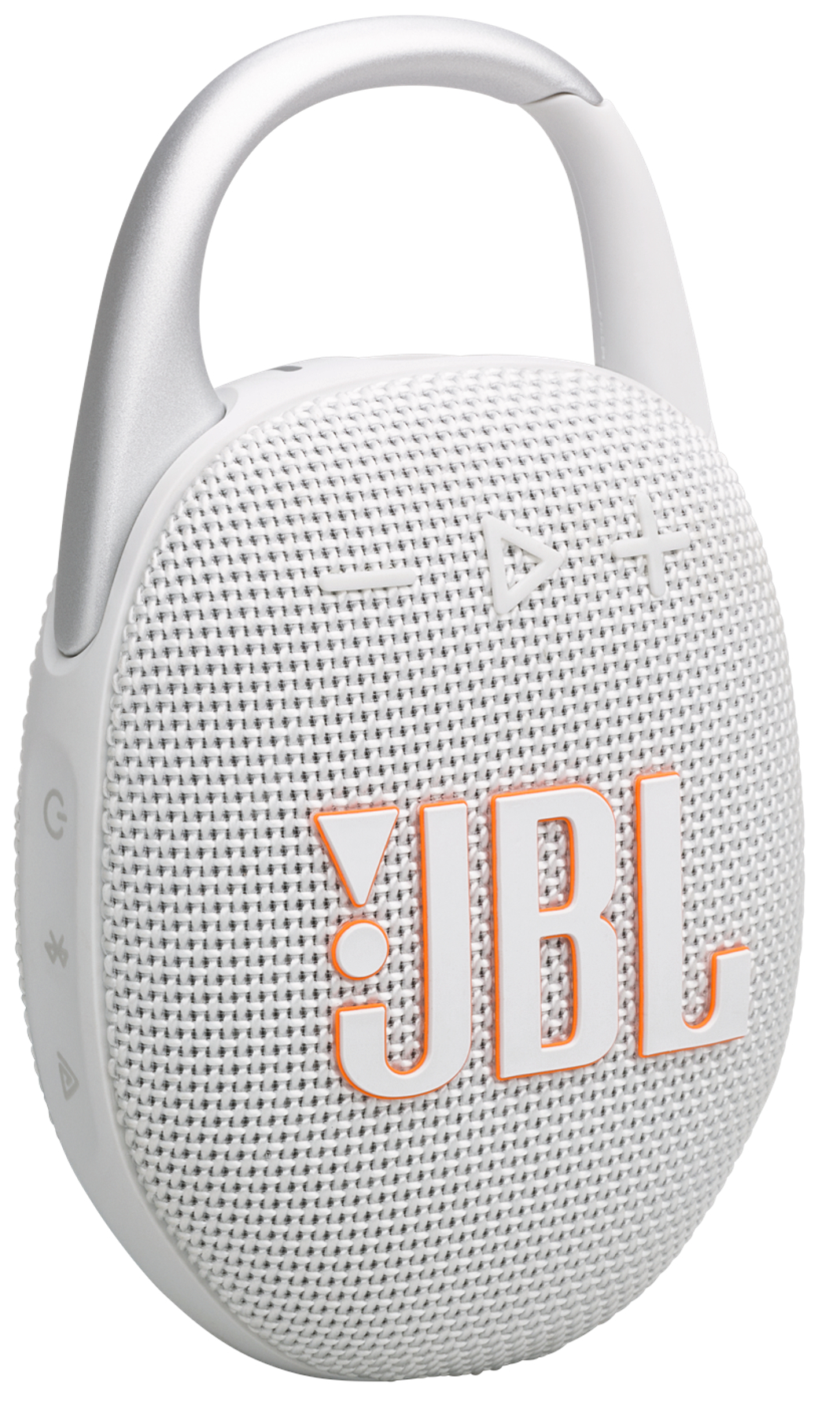 Biało-pomarańczowy głośnik JBL Clip. Białe tło.