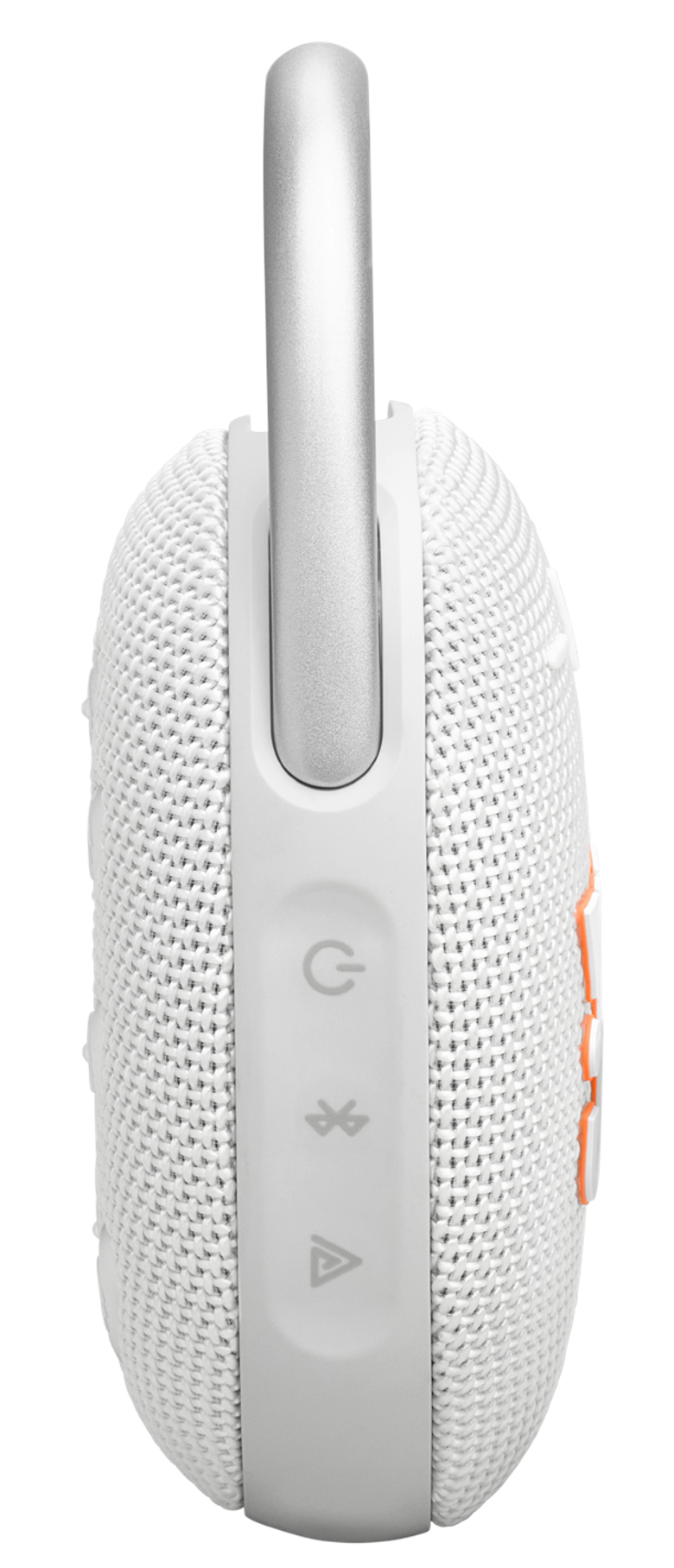 Biały, owalny głośnik ze srebrnym uchwytem i przyciskami. Tekstura podobna do tkaniny.