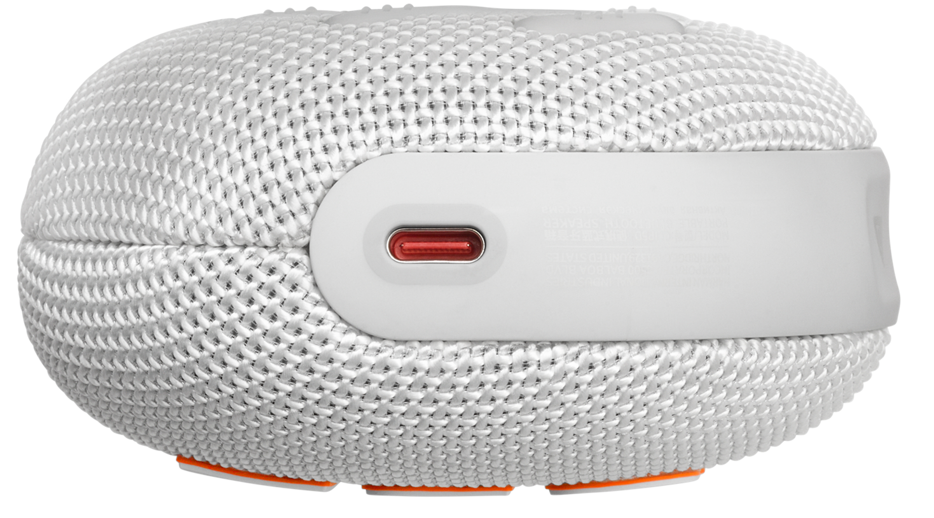 Biały, owalny głośnik z białym paskiem i czerwonym portem USB-C.