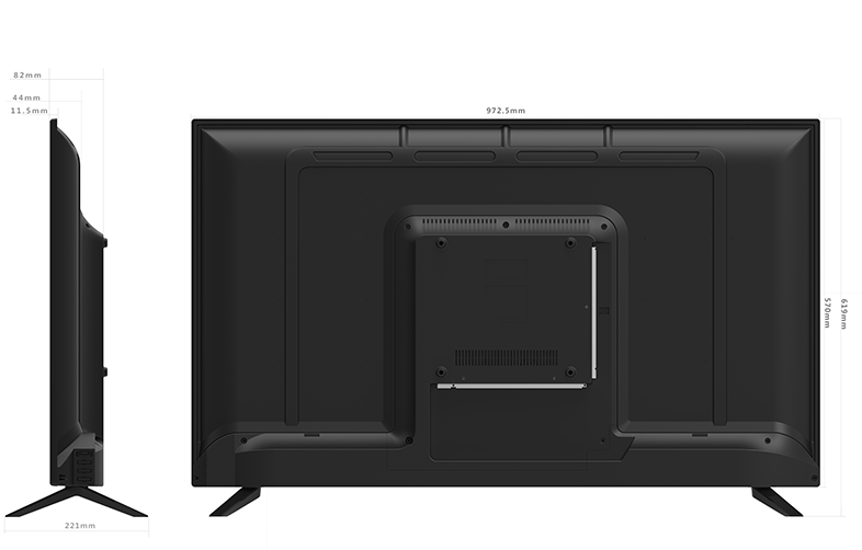 A TV hátulnézete méretekkel. A TV fekete lábakkal és központi állvánnyal rendelkezik.