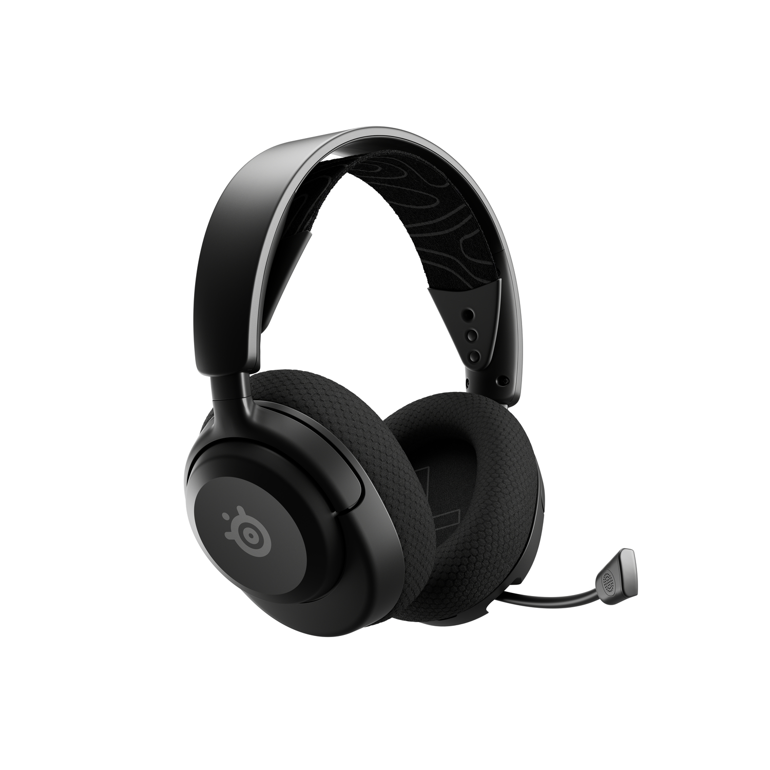 Un casque de jeu noir avec un microphone. Il possède un bandeau et des oreillettes réglables.