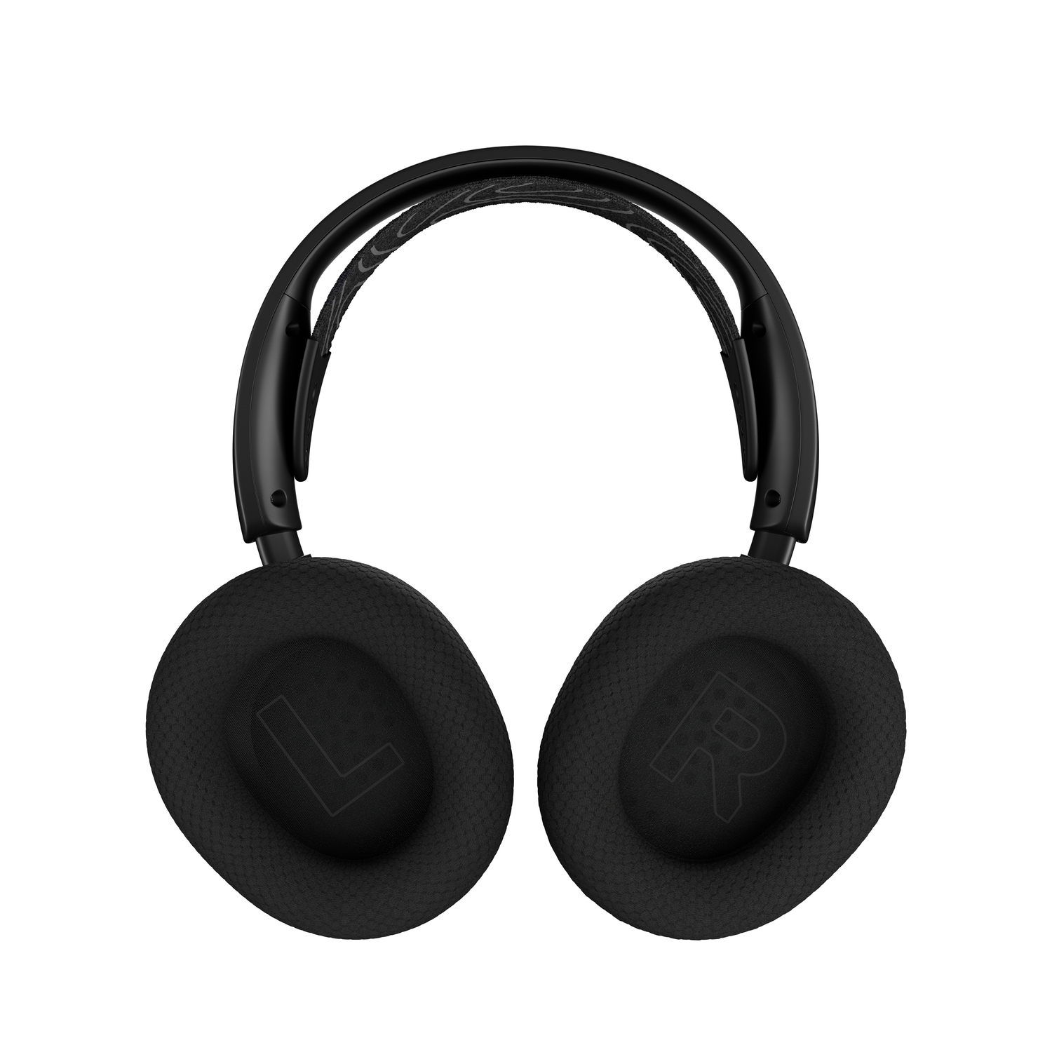 Vue de dessus d'un casque de jeu noir avec les lettres 'L' et 'R' sur les oreillettes.