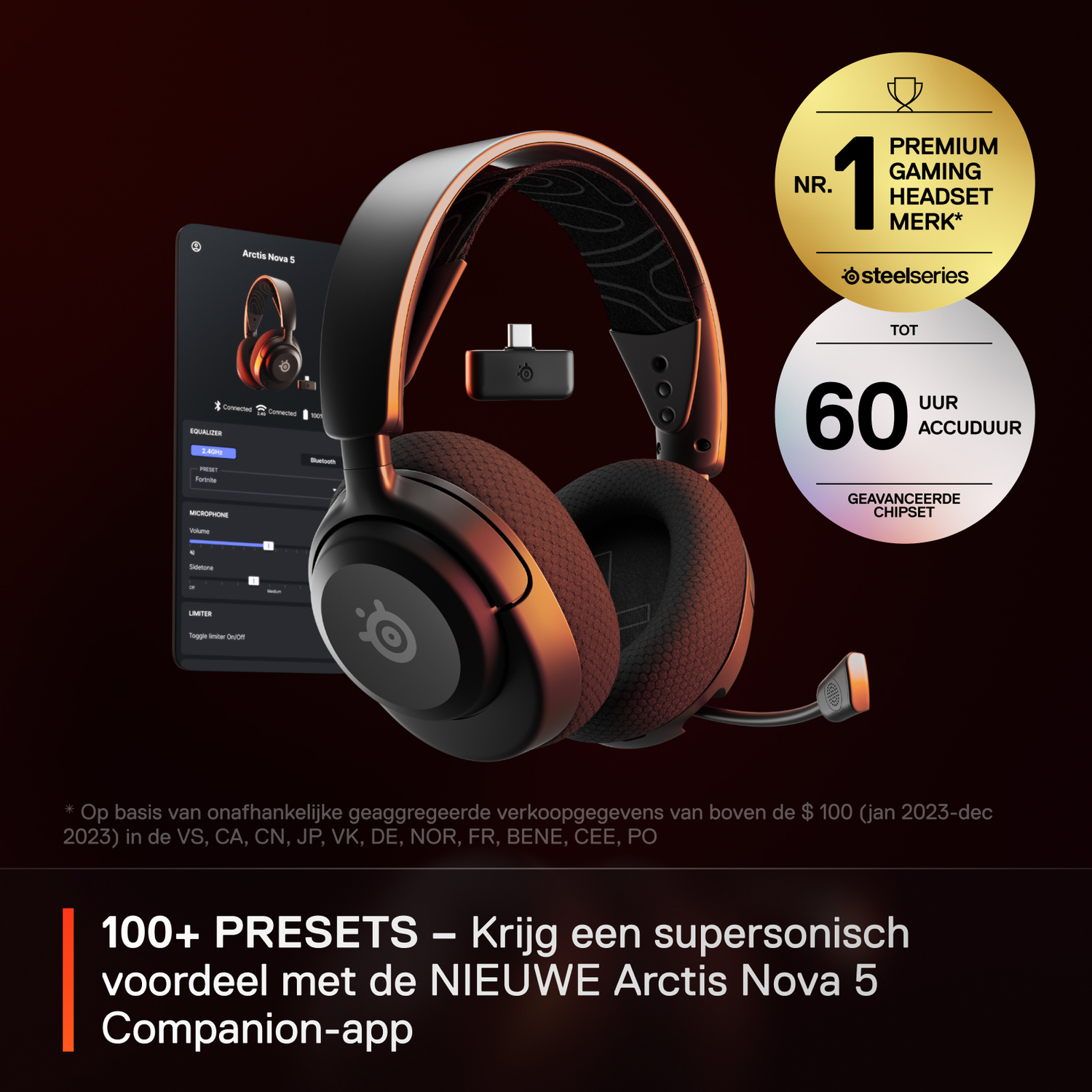 A gaming headset with a microphone, a wireless transmitter, and a tablet displaying app info.
