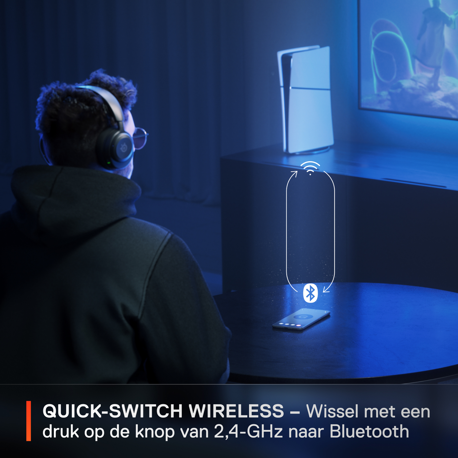 Person wearing headphones in front of a TV, with a wireless connection illustration on the table.