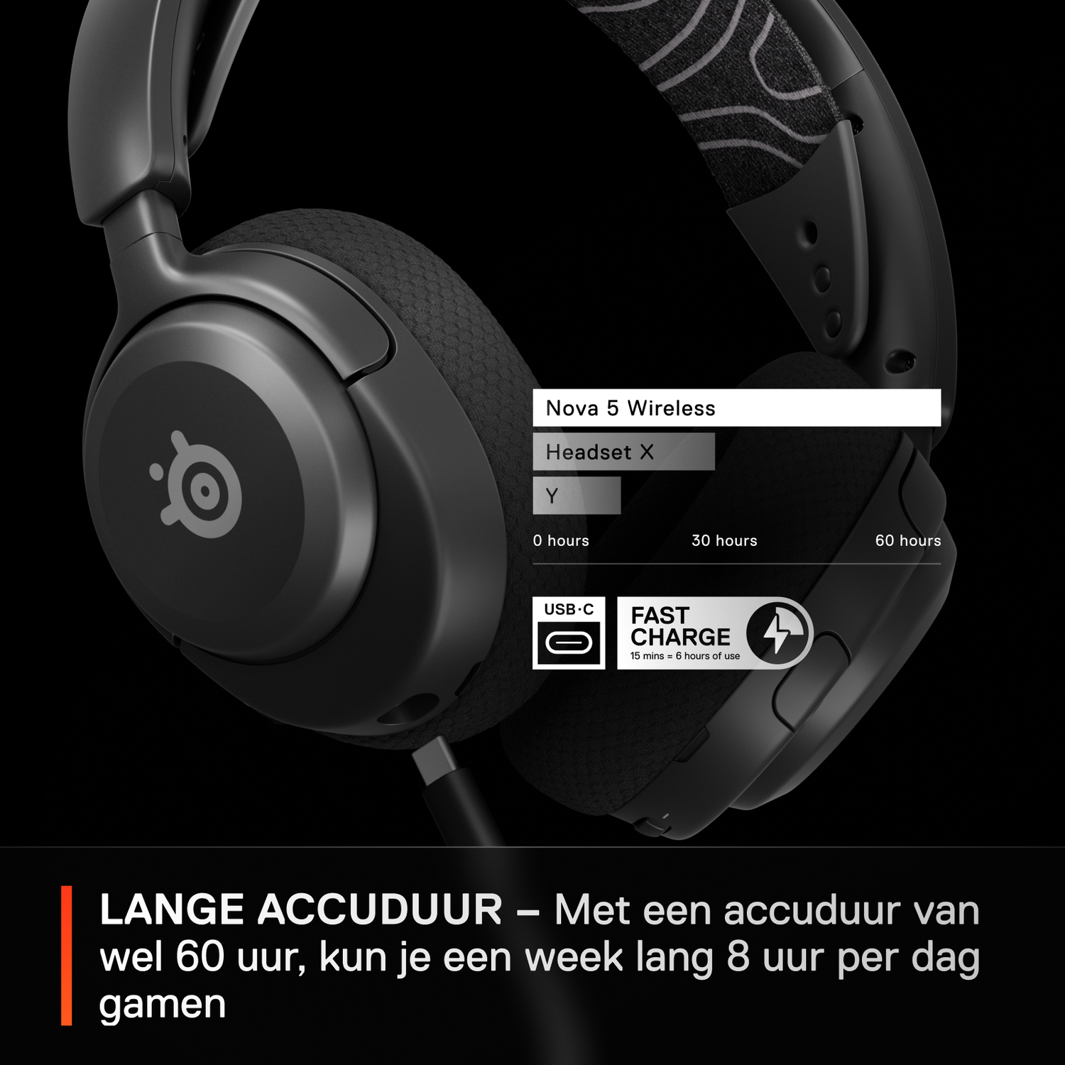 Black and gray SteelSeries Nova 5 Wireless headset. Features are displayed. 