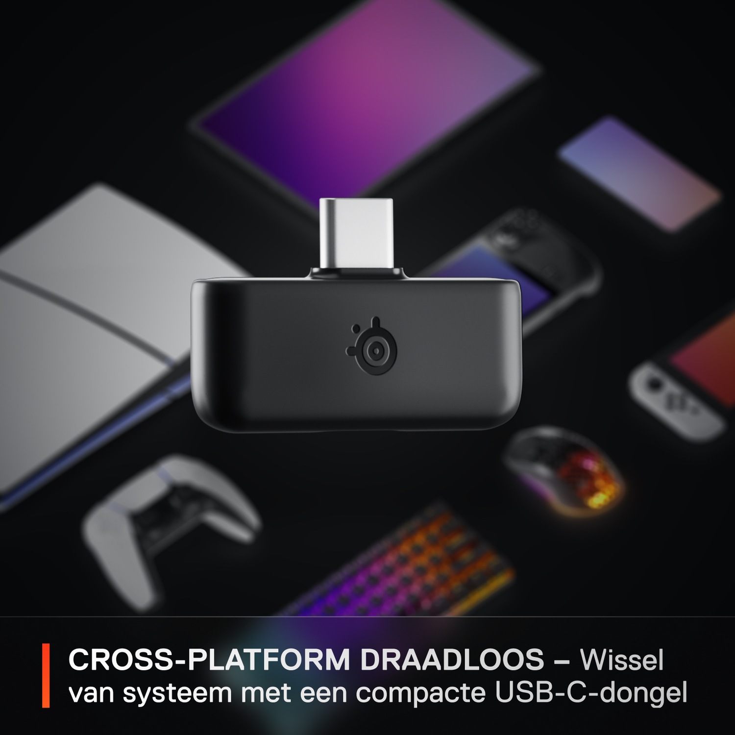 Black SteelSeries USB-C dongle surrounded by gaming devices on a dark background.