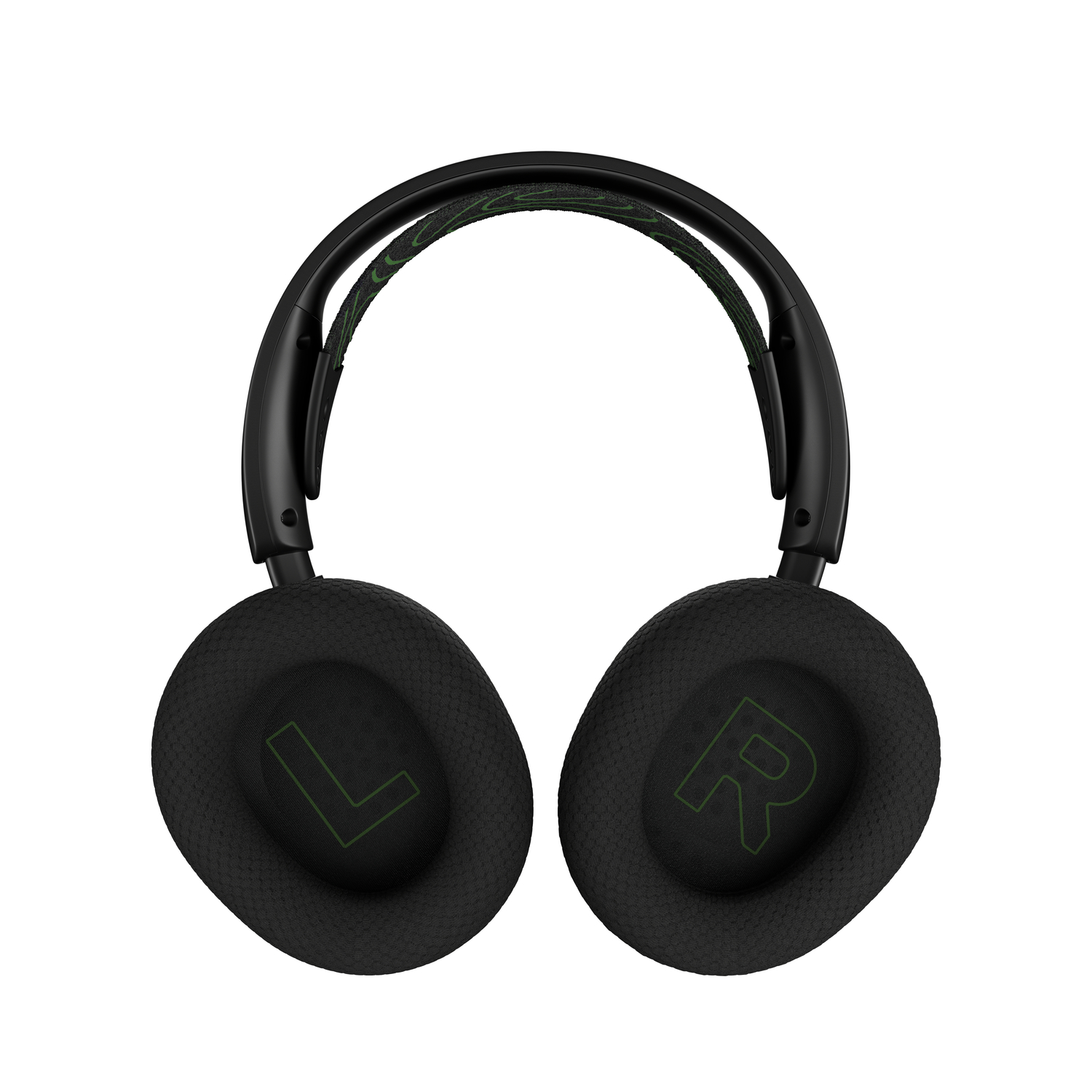 Casque noir avec 'L' et 'R' verts sur les oreillettes, fond blanc.