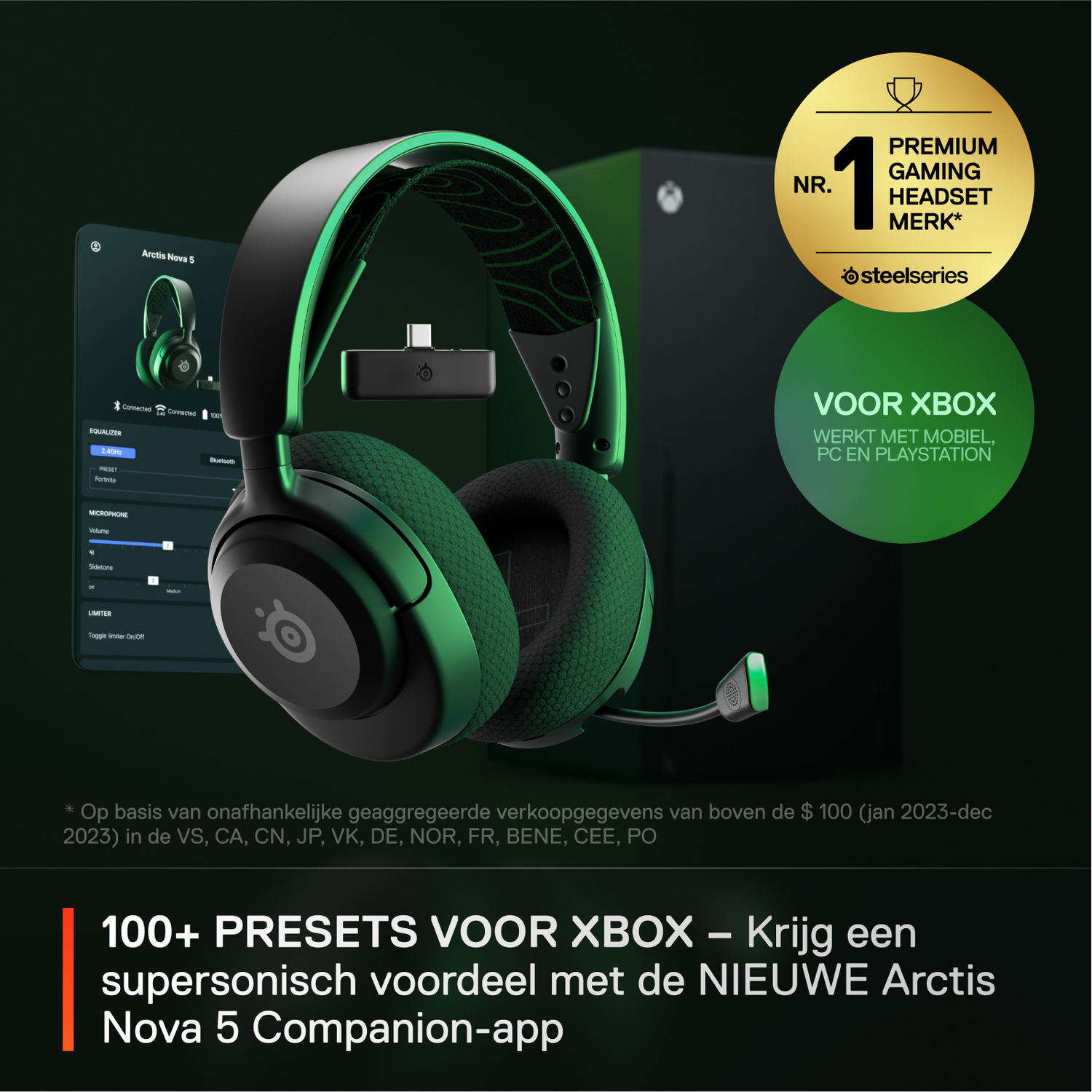 Koptelefoon met microfoon, een gameconsole en een app-interface met tekst en afbeeldingen.
