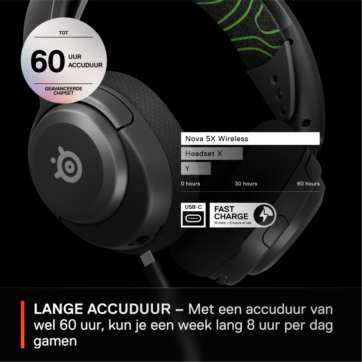 Een zwarte en groene SteelSeries Nova 5X Wireless-headset. De tekst toont de batterijduur, tot 60 uur.