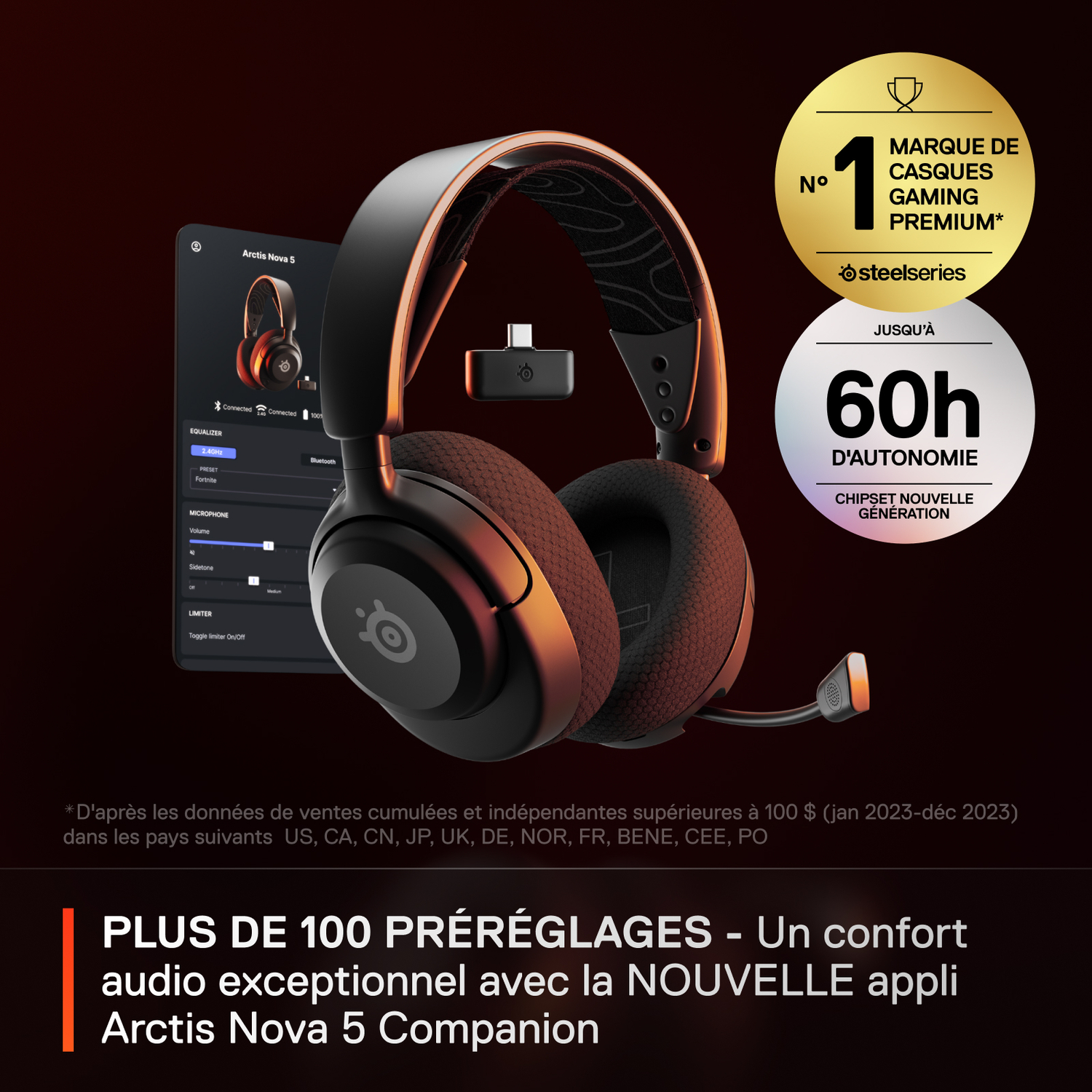 Casque, câble de chargement et une tablette, avec du texte.