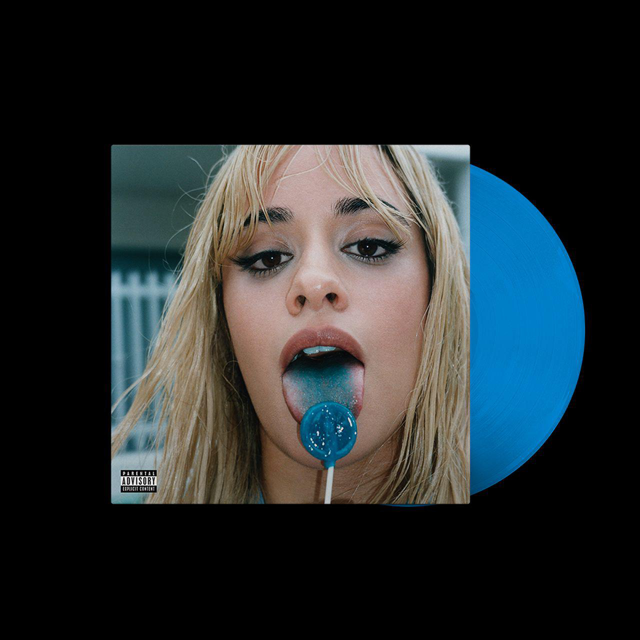 Albumcover mit Frau mit blauer Zunge, die einen blauen Lutscher hält. Blaue Vinylplatte.
