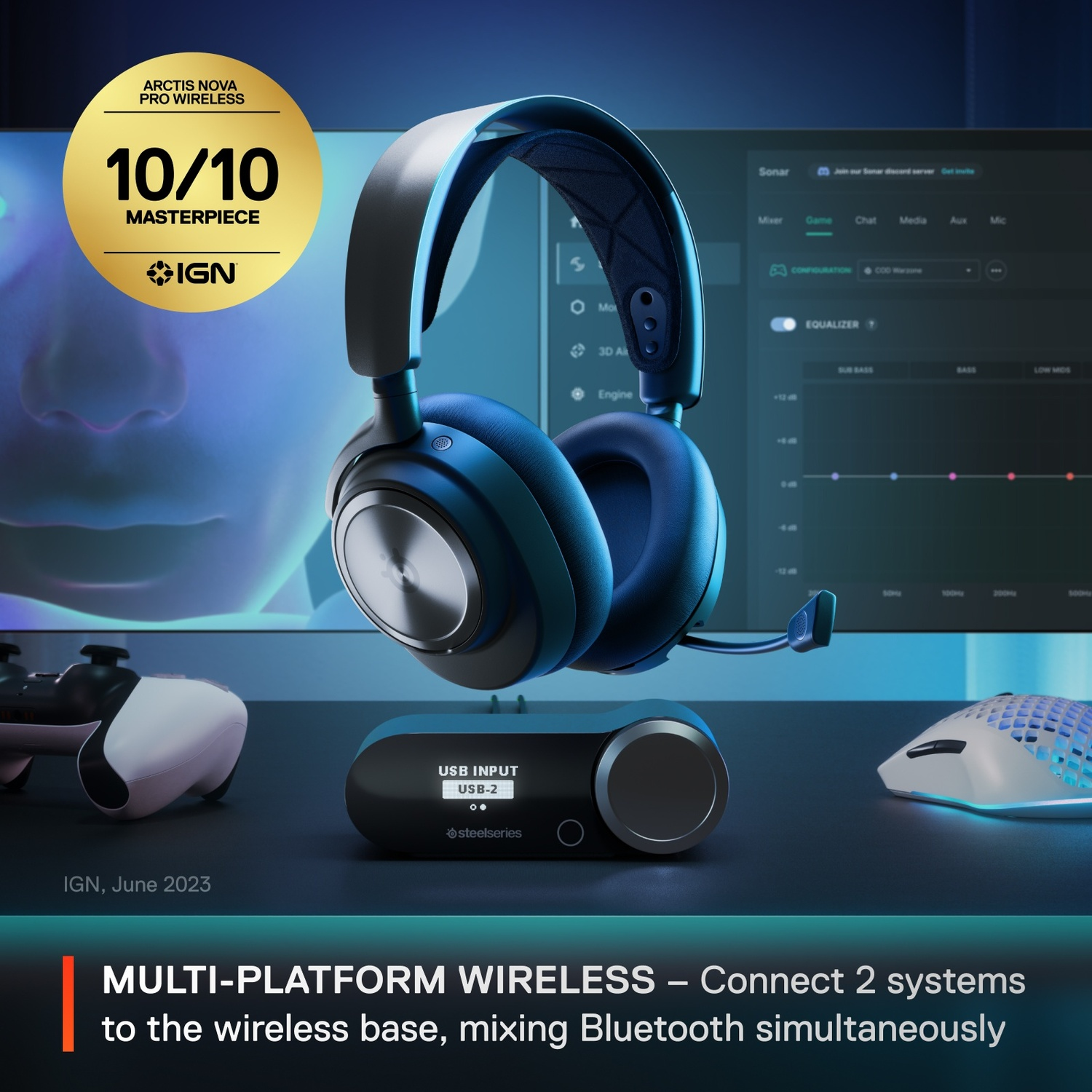 Casque bleu et noir avec une base sans fil, souris et manette exposées.