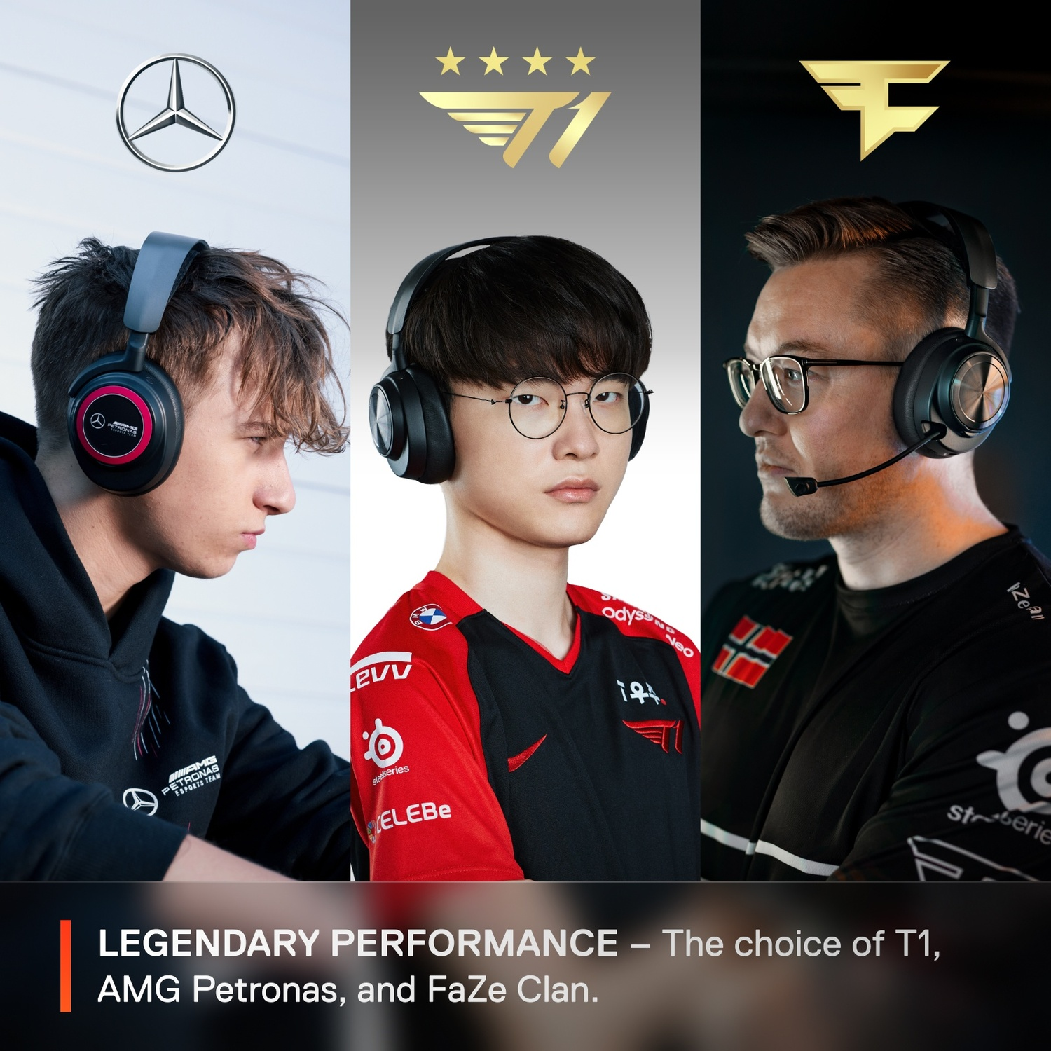 Trois joueurs avec des écouteurs. Logos de Mercedes, T1 et FaZe Clan au-dessus d'eux.