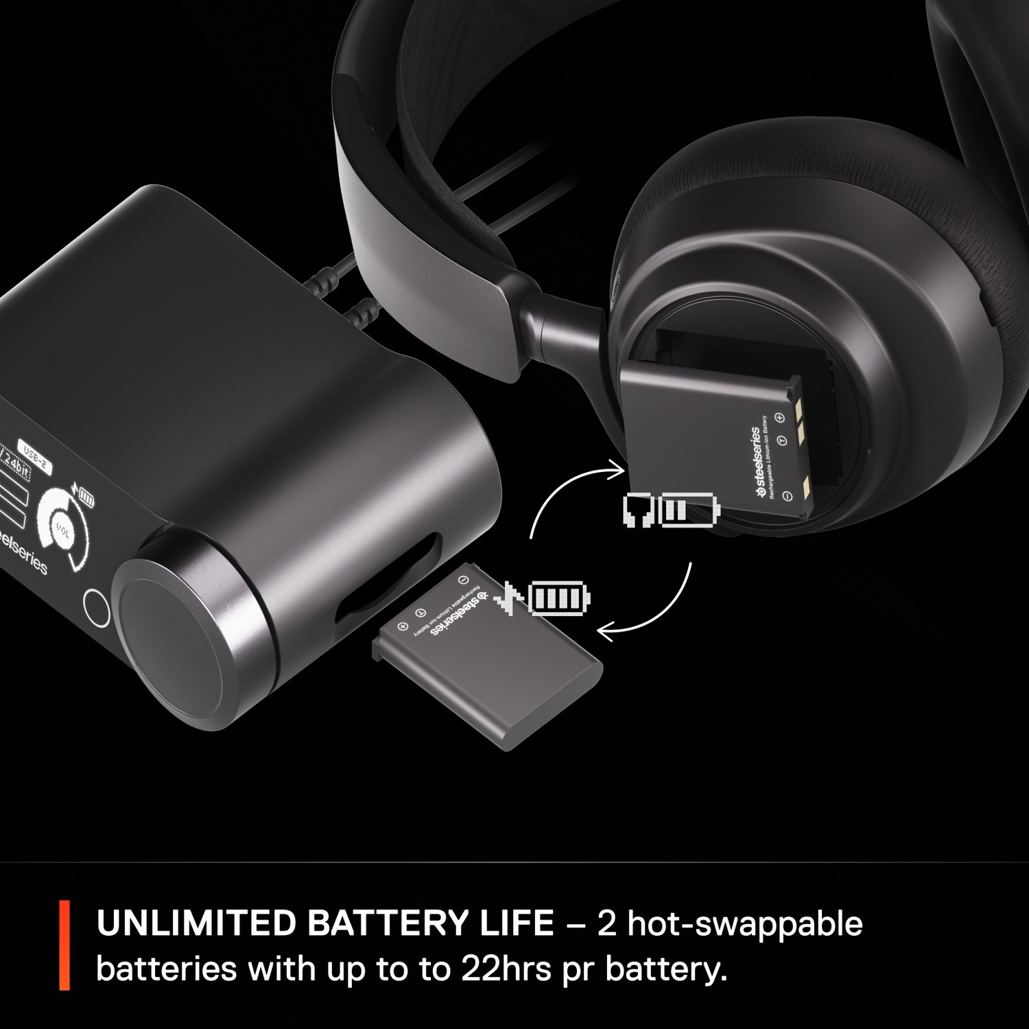 Un appareil noir avec une batterie et un casque connecté. Il y a deux batteries.