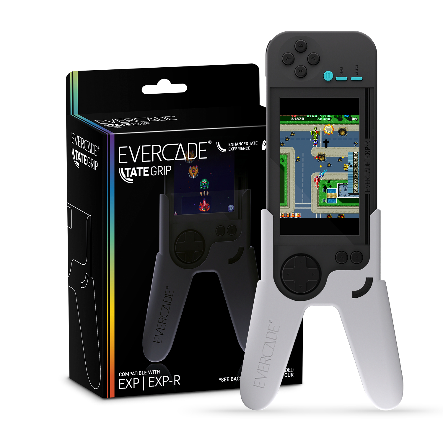 Schwarz-weiß Evercade-Konsole mit Spiel auf dem Bildschirm, vor einer Box mit derselben Konsole.