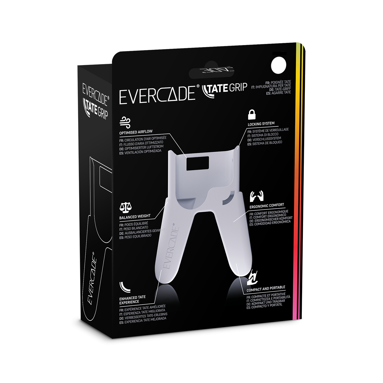 Weißer Evercade Tate Grip auf einer schwarzen Box. Text und Symbole beschreiben Funktionen.