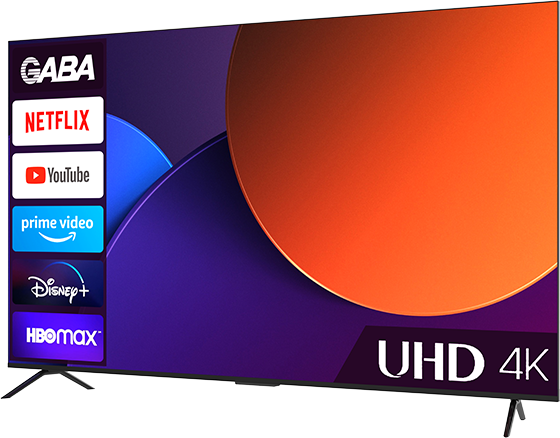TV élénk narancssárga háttérrel. Streaming alkalmazás logókat tartalmaz.